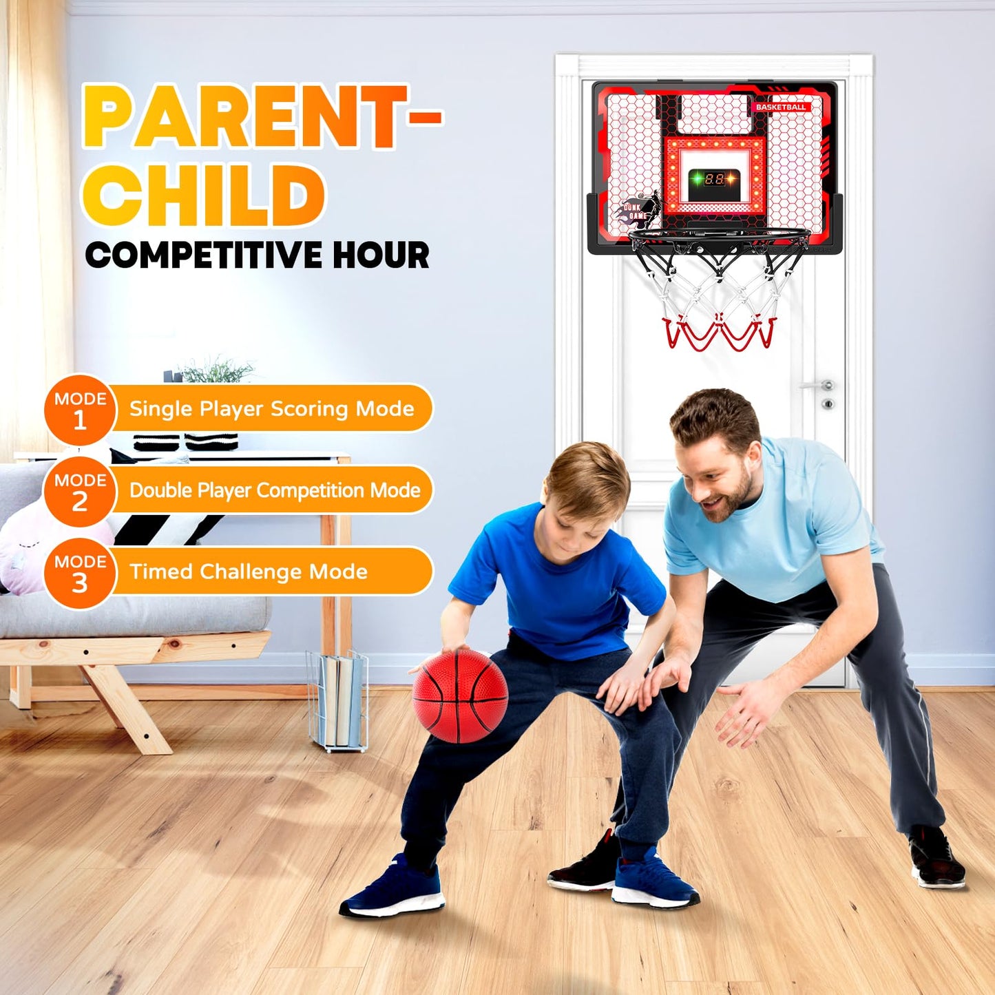 Indoor Basketball Hoop Pro, Mini Basketball Hoop Over The Door with LED Light/Scoreboard/4 Balls- Upgraded Anti-Impact Backboard, Basketball Toys Gifts for 6 7 8 9 10 11 12 Year Old Boys