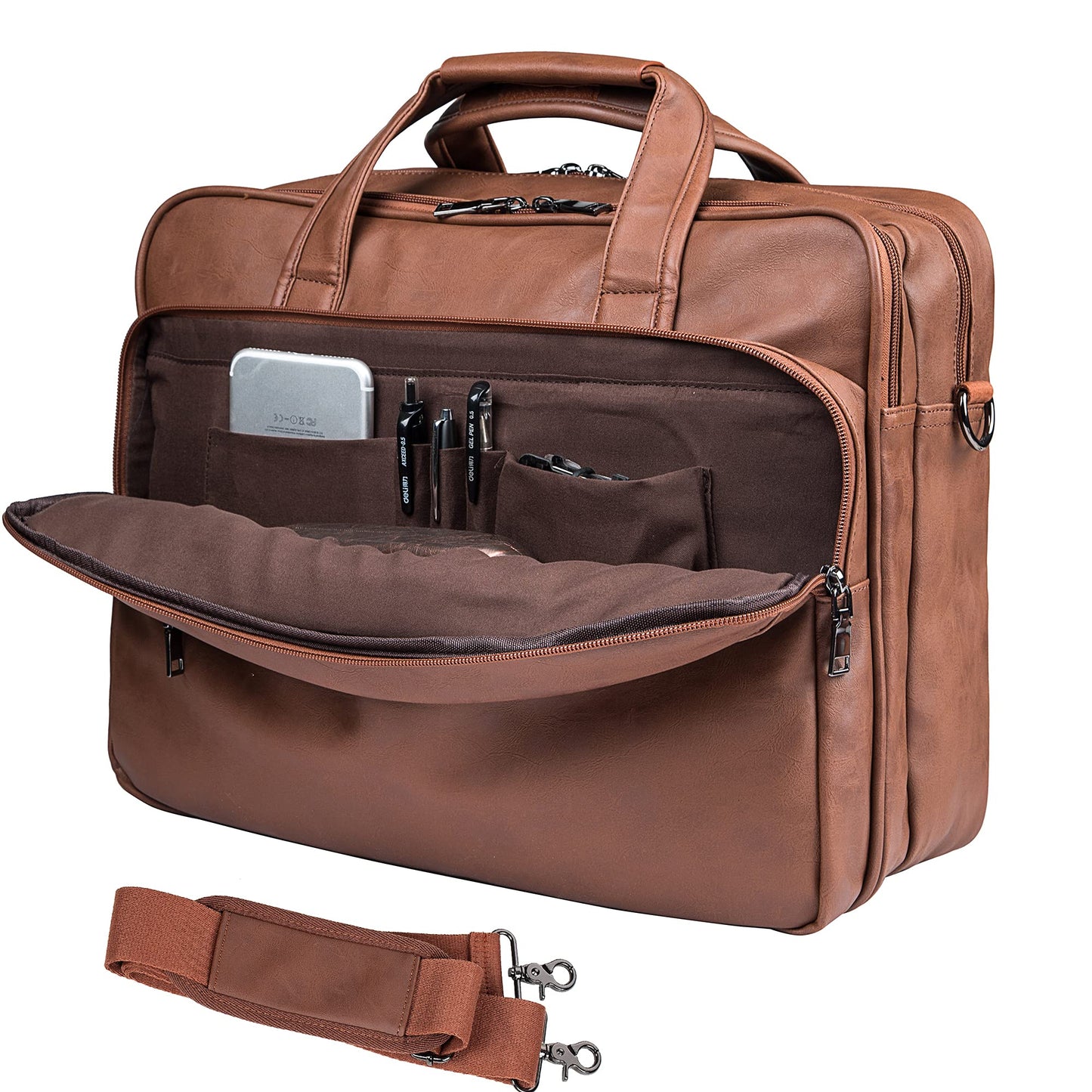 Seyfocnia Men's 17.3 Inches Laptop Bag, Brown Faux Leather Briefcase