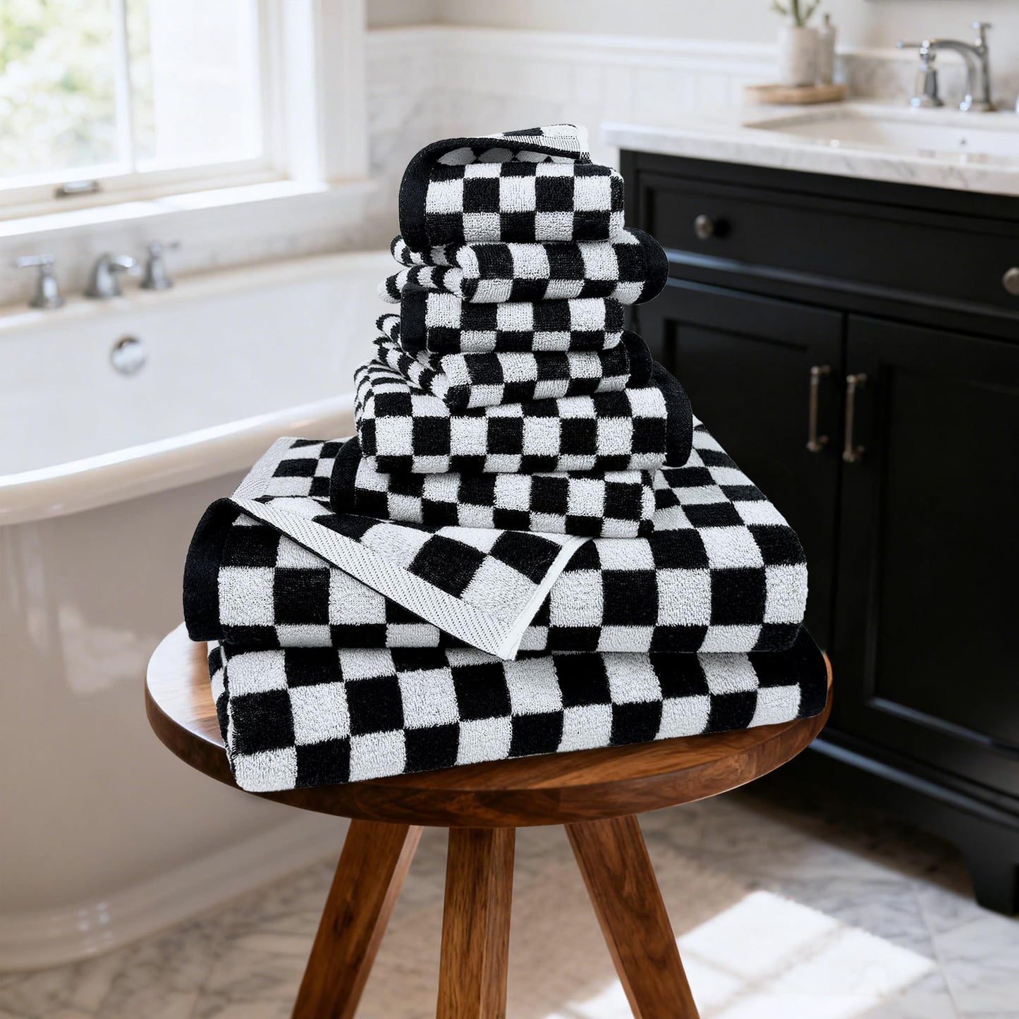 Jacquotha Black and White Towels Set of 8, Cute Checkered Towels for Bathroom Decor, 2 Bath, 2 Hand, 4 Washcloths, Cotton