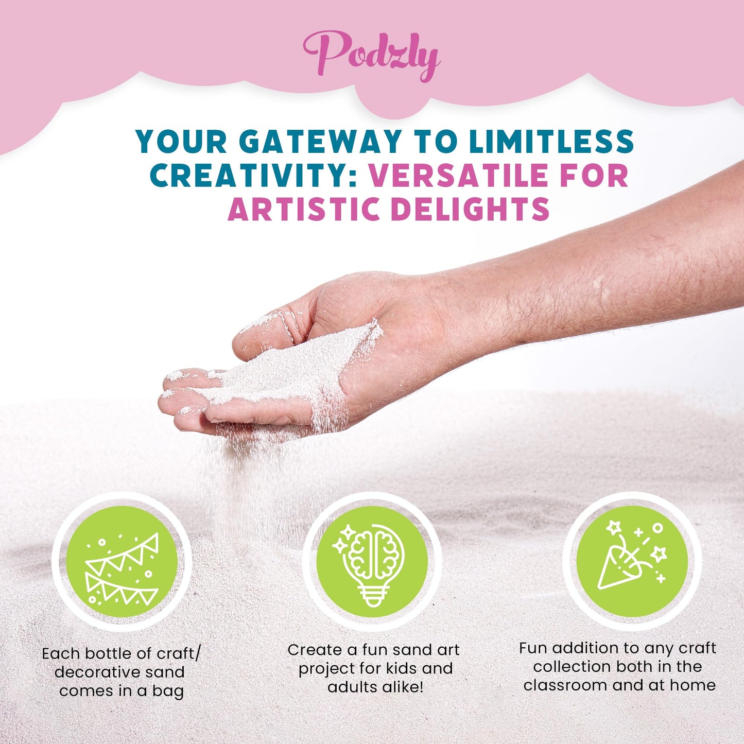 Podzly Decorative Bulk Craft Sand – 5 lb White Fine Grain Sand for Crafts, Vases, Centerpieces, Wedding Décor, Party Displays, Classroom Activities & DIY Projects – for Kids and Adults