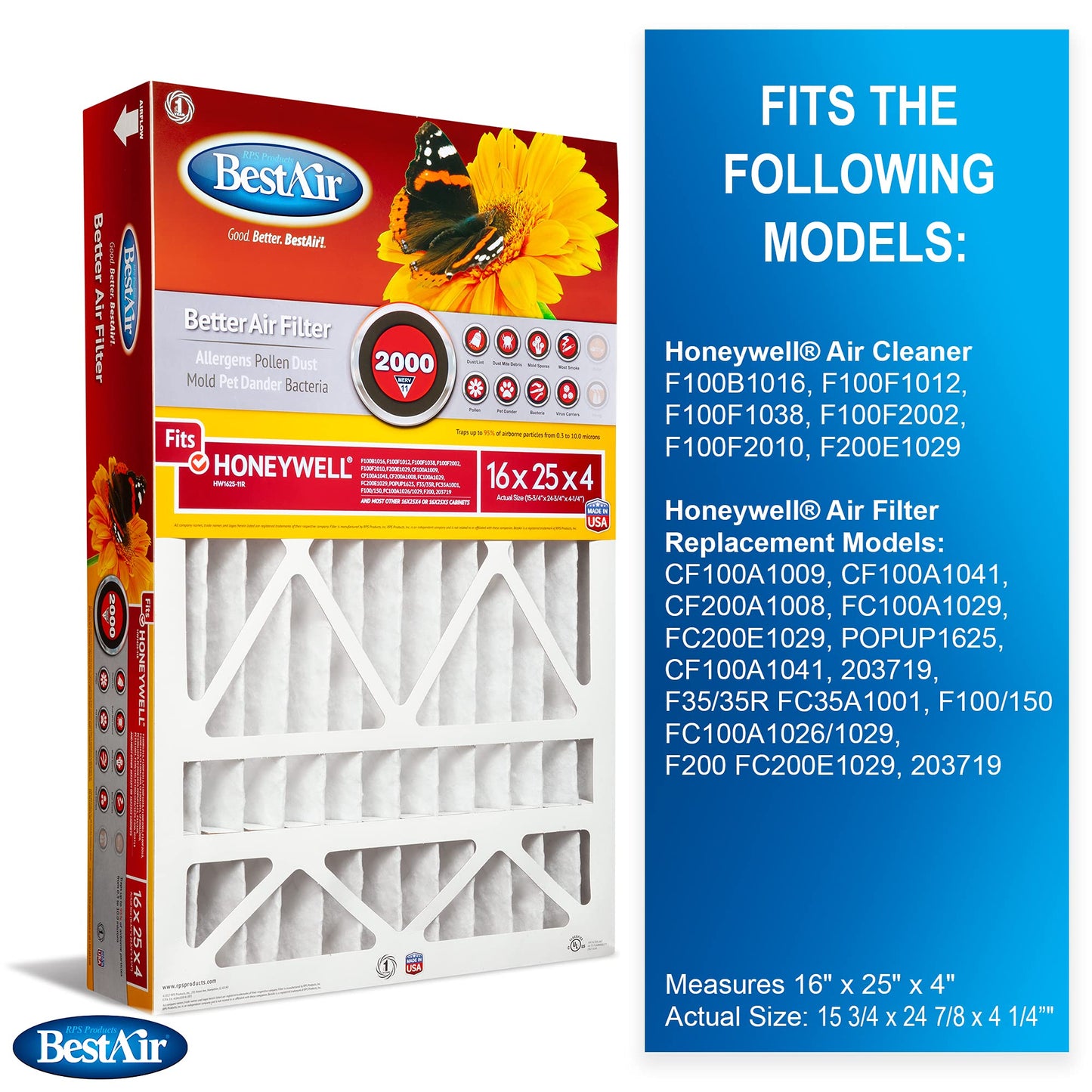 BestAir HW1625-11R AC Furnace Air Filter, 16" x 25" x 4", MERV 11, Removes Allergens & Contaminants, Fits 100%, For Honeywell Models, Pack of 3