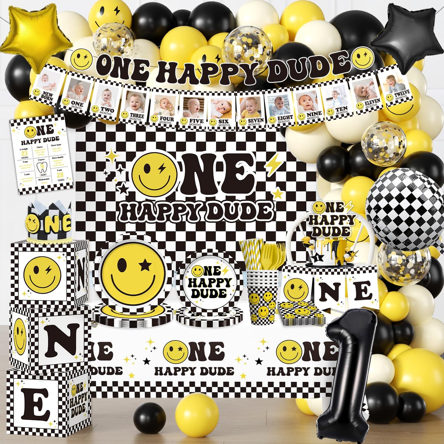 wellspar 245pcs One Happy Dude Birthday Decorations, All-in-1 One Happy Dude Supplies Pack with 20pcs Plates, Napkins, 2pcs Tablecloth, Balloon Arch for First Birthday Decorations for Boy, 20 Guests