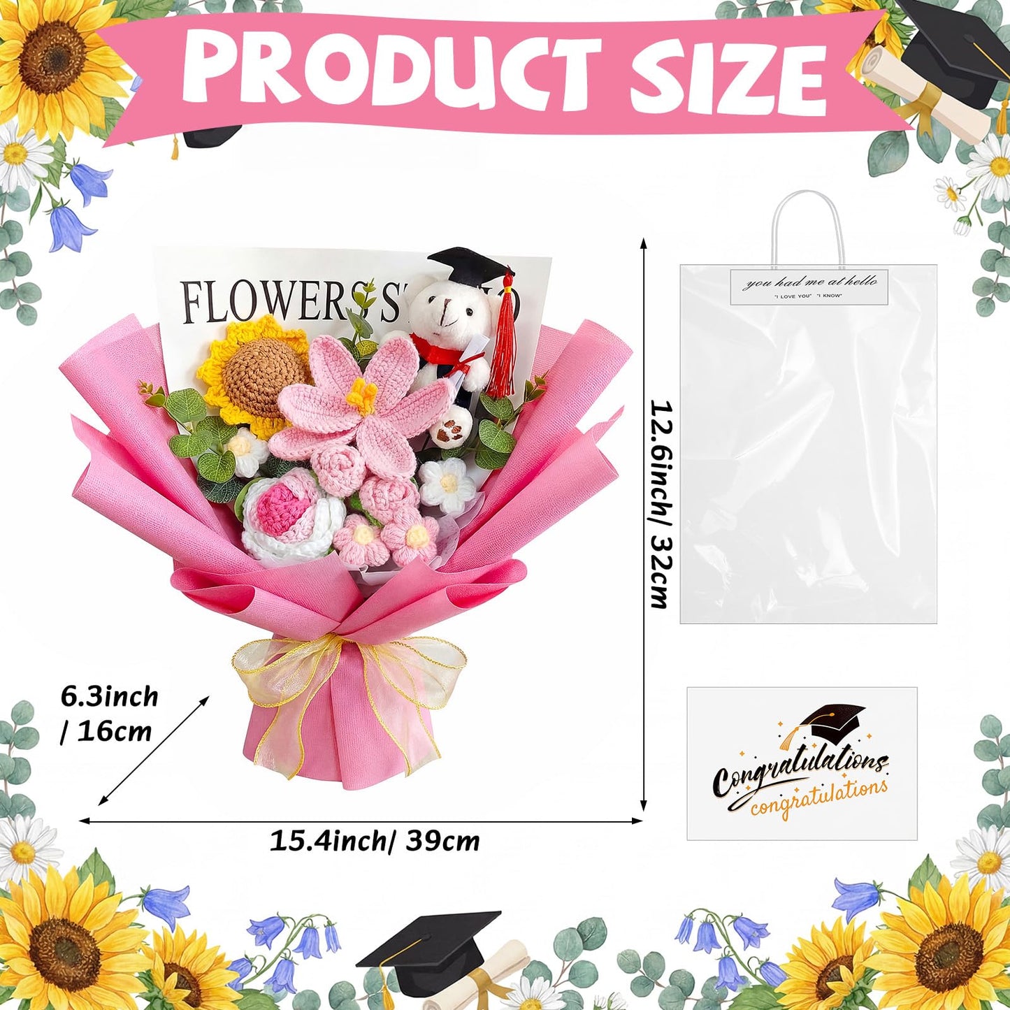 Giegxin Graduation Crochet Flowers Bouquet Set 2026 Grad Cap Plush Bear Hand Knitted Rose Tulip Daisy Sunflower Bouquet Greeting Card Gift Bag for Wedding Birthday Party Favors(Pink)