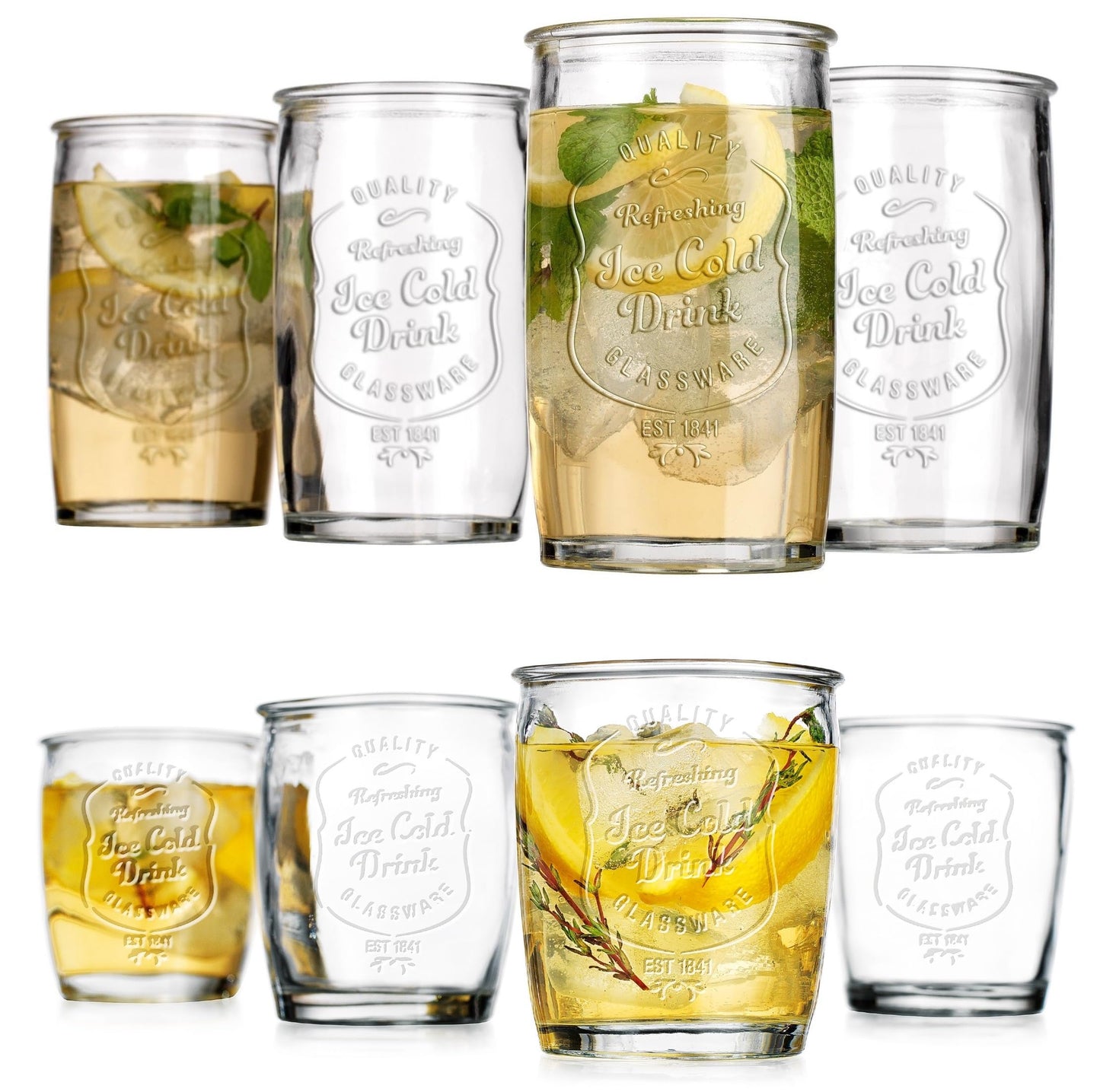 Glaver's Ice Cold Set of 8 Drinking Glasses 4-20 Oz Highball Glasses, and 4-13 Oz Whiskey Glass Cups For Everyday Home Use Water glasses, Beer, Juice, Cocktail.