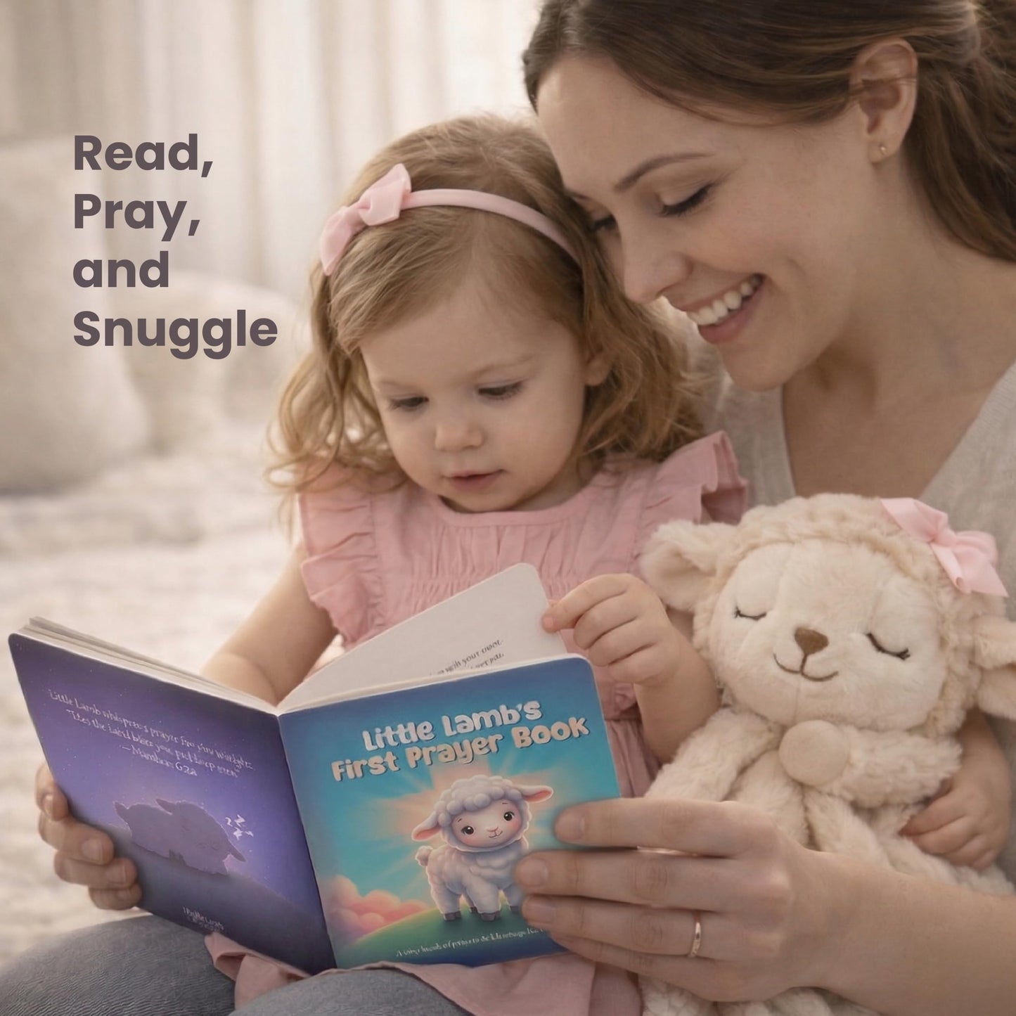 Highmark Collective Baptism Gift for Girl – Baptism Set with 10" Praying Lamb Plush Toy (Pink Bow), Bamboo Muslin Blanket & First Prayer Book, Ready to Gift Keepsake Box