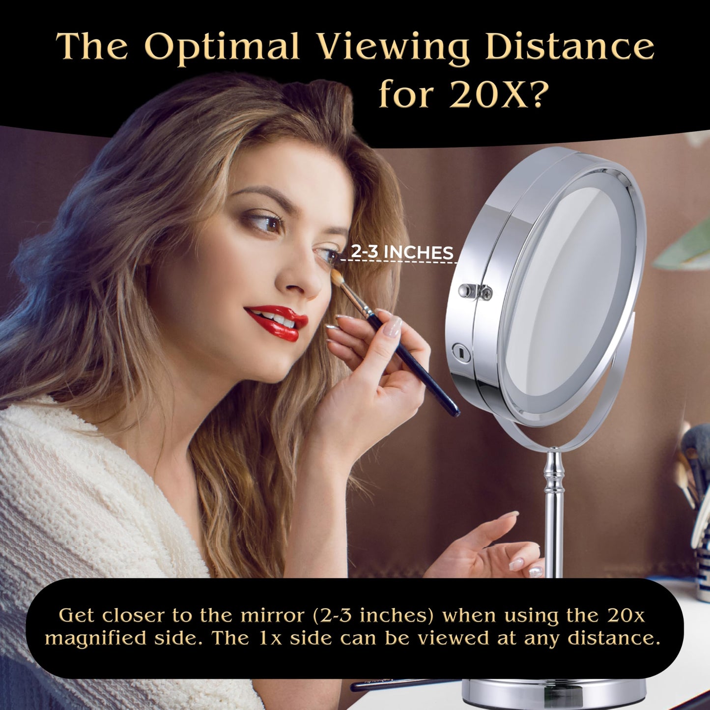 MIRRORVANA Ultra Zoom 20X Magnifying Lighted Table Mirror for Makeup - 20X & 1X Dual Sided LED Make-up Mirror with 3 Light Modes, Rechargeable Battery with USB Cable - 8" Wide & 15" Tall (Chrome)