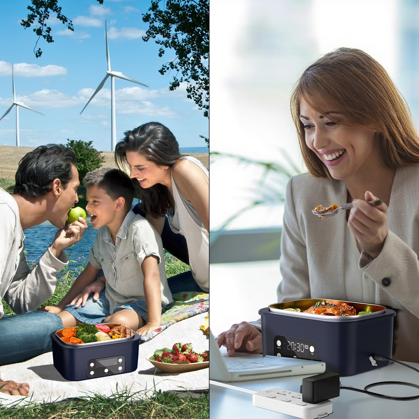 VISOM Cordless Electric Lunch Box, 6.75 Cup Automatic Food Warmer (212°F), Rechargeable Portable Heated Meal Container for Office, Travel, Outdoor（deep blue）