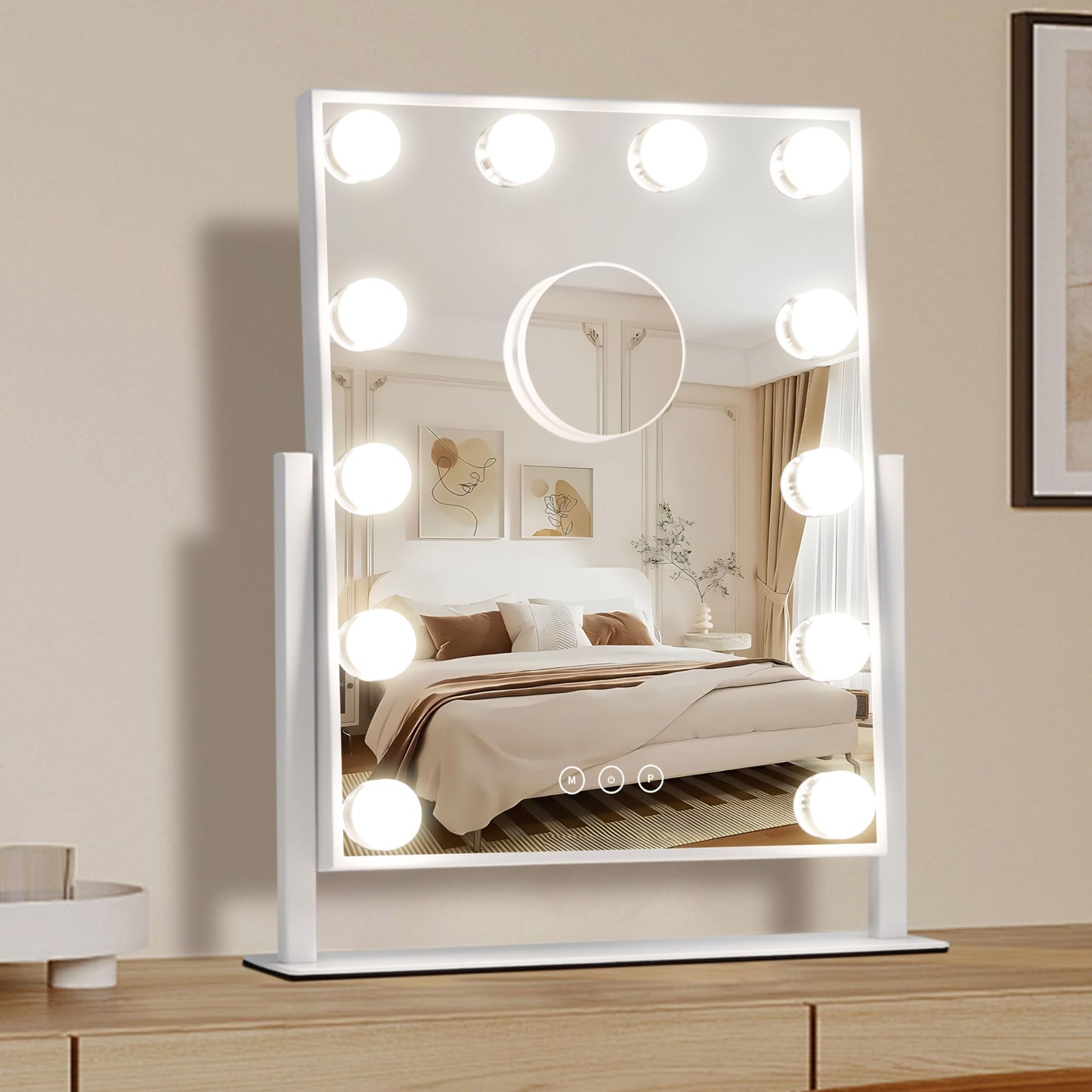NUSVAN Vanity Makeup Mirror with Lights,3 Color Lighting Modes Detachable 10X Magnification Mirror Touch Control,360°Rotation, White (14.6Inch)