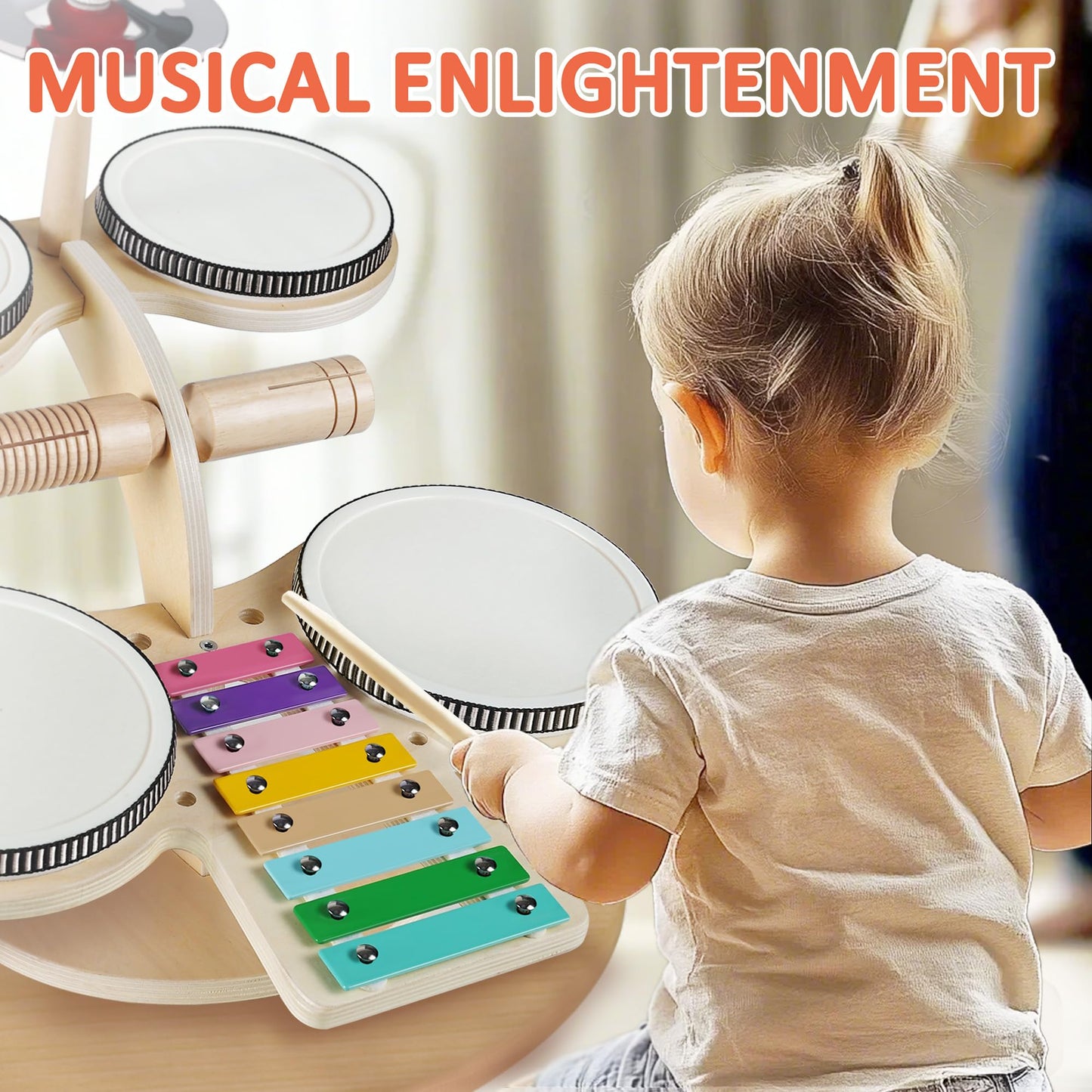 iPlay, iLearn Toddler Wooden Drum Set, Kids Musical Instruments Toy, 8 in 1 Percussion Drum Kit W/Xylophone Cymbal, Baby Montessori Learning Birthday Gifts for 18 Month, 2 3 4 5 6 Year Old Boy Girl