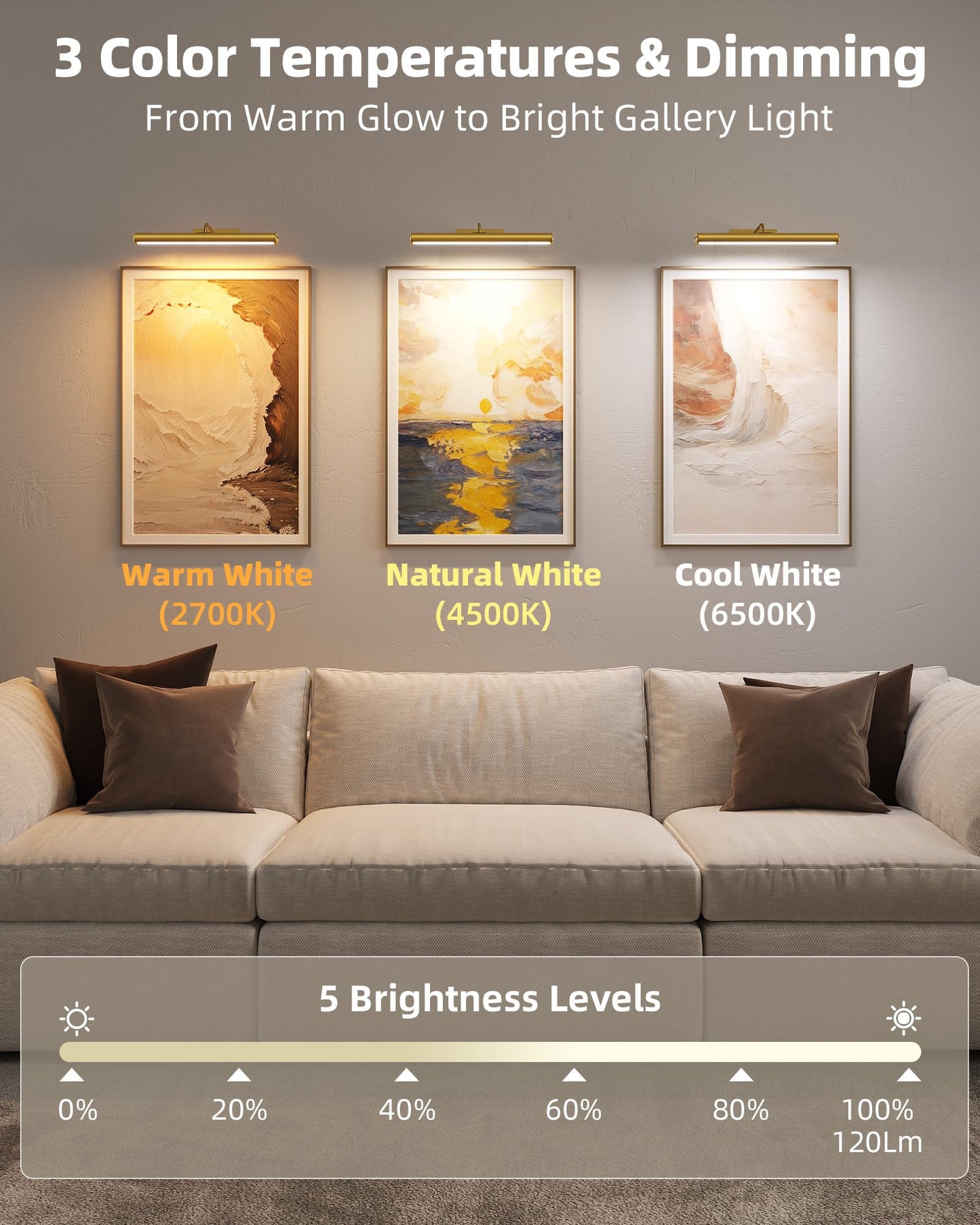 EZVALO Picture Lights for Wall, 16" Rechargeable 6000mAh Painting Lights with Remote, Wireless Dimmable 3 Color Temps Art Lights for Gallery, Living Room, Hallway (Gold, 2Pack)