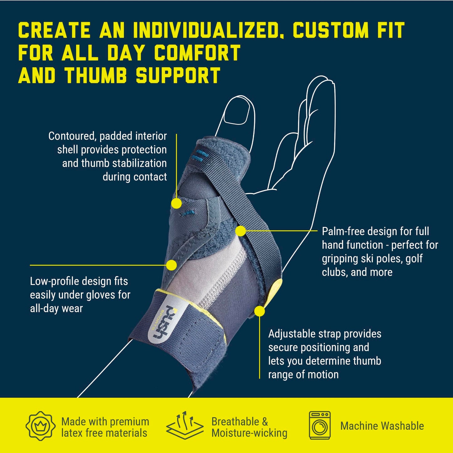 Push Sports Thumb Brace for Thumb MP Joint Injuries. Relief for Skier's Thumb and Ligament Injuries. Can be Worn Under Gloves to Provide Stability During Sports. (Right Medium) - Not for CMC Support