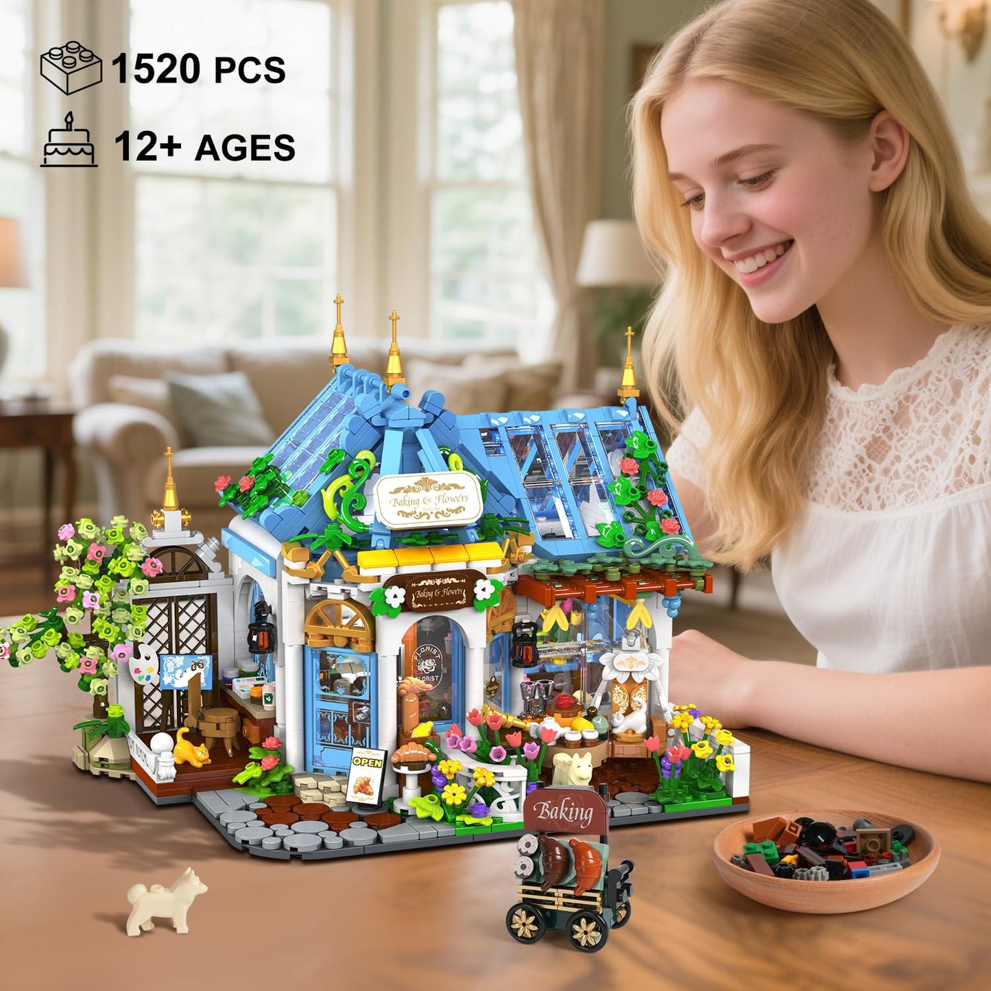 PLAXSOON Flower Café House Building Set with LED, 1520 PCS Botanical Coffee Architecture with Openable Design, Floral Bakery Construction Model for Home Decor, Gift for Adults Women Teens Girl Boy 12+