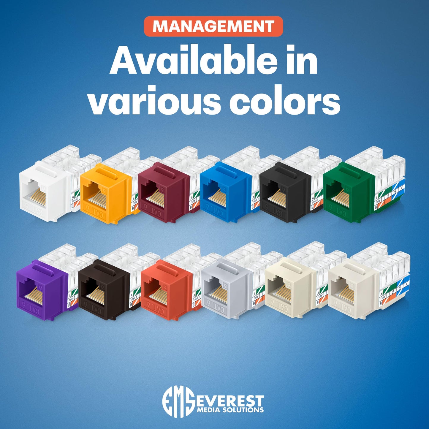 Everest 90° Angled Cat6 Keystone Jacks 50-Pack in White - Slim Profile Female RJ45 Connectors - RJ45 Keystone Jack - Ethernet Wall Jack - Cat 6 Keystone Jack - Cat 6 Wall Jack - Cat 6 Jack
