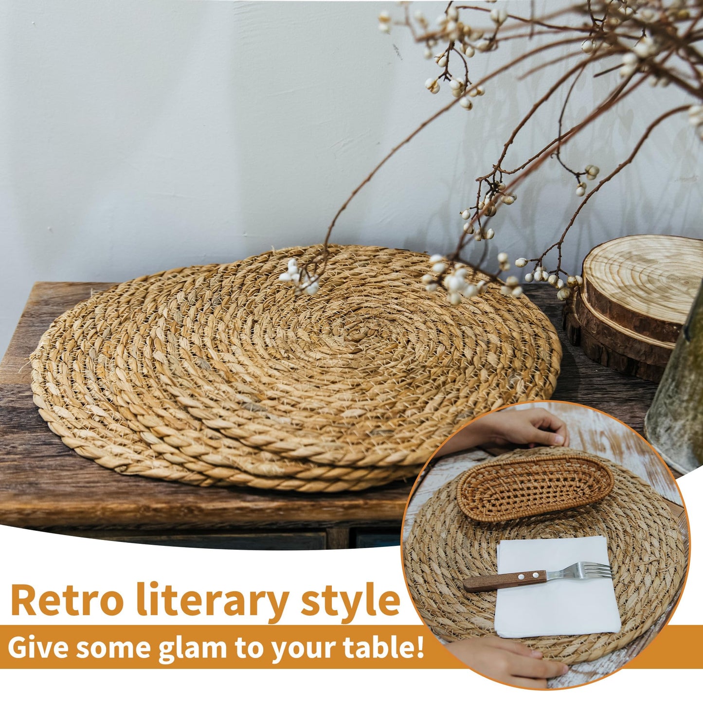 Defined Deco Woven Placemats Set of 10, 13.5" Round Rattan Placemats, Natural Hand-Woven Water Hyacinth, Farmhouse Weave Rustic Braided Wicker Table Mats for Dining Table, Home, Wedding