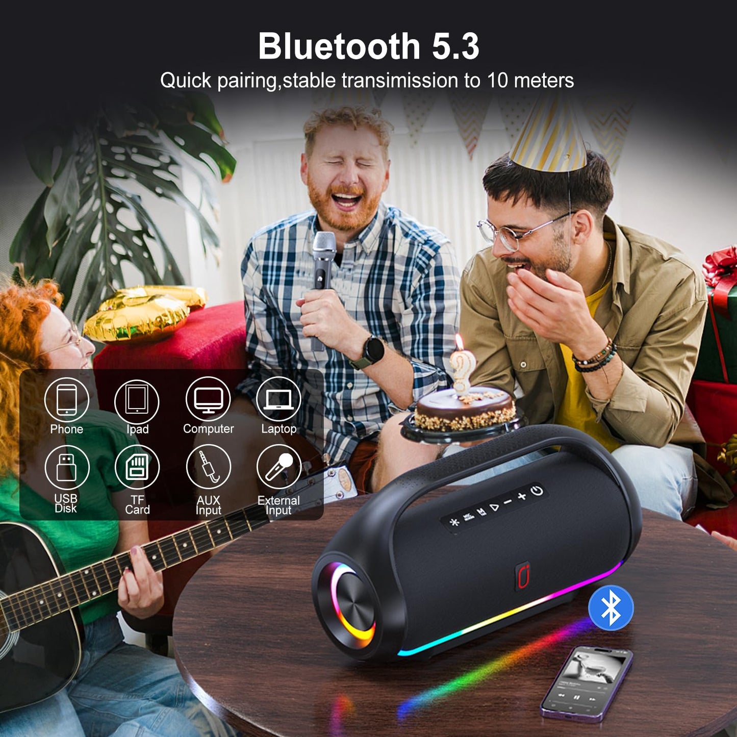 HWWR Bluetooth Speaker, IPX5 Waterproof Portable Bluetooth Speaker with Powerful Bass & LED Lights, Loud Stereo Wireless Speaker for Home Party, Beach, Outdoor Camping, Support USB/TF Card/AUX/TWS