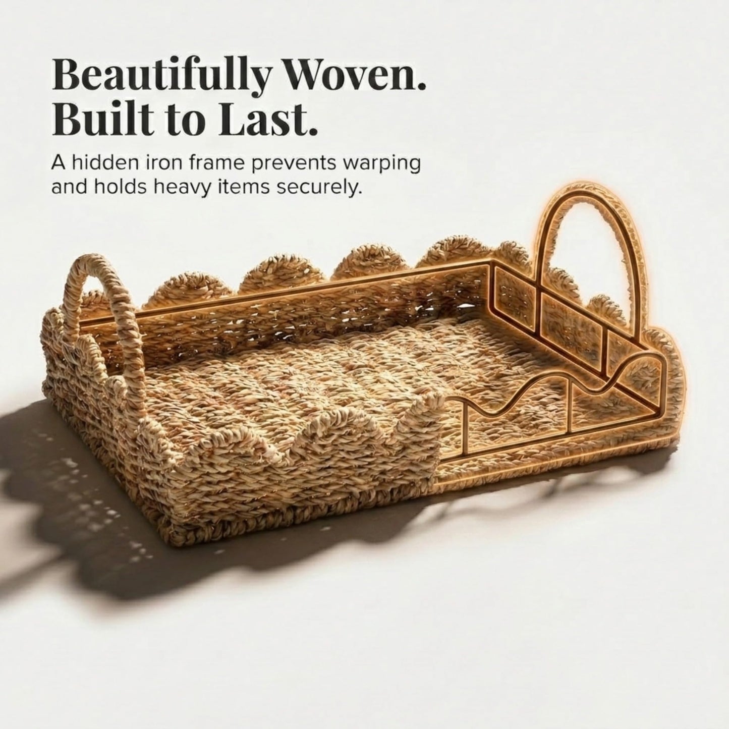 Household Essentials Seagrass Decorative Tray with Scalloped Edge, Handwoven Natural Wicker Organizer Basket with Handles & Iron Frame for Coffee Tables, Bathrooms & Countertops