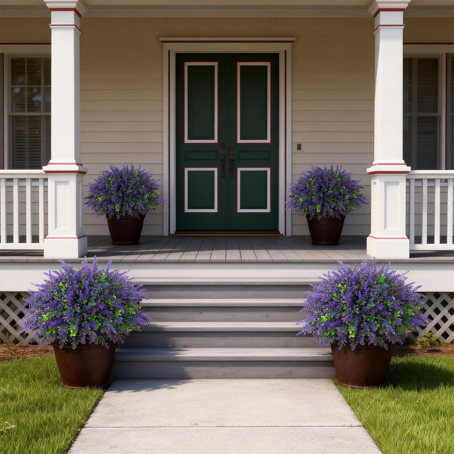 2 Sets Artificial Eucalyptus & Lavender Topiary Trees for Front Door - Faux Lavender Potted Topiary Trees, UV Resistant Fake Outdoor Plants for Farmhouse Porch Garden Decor