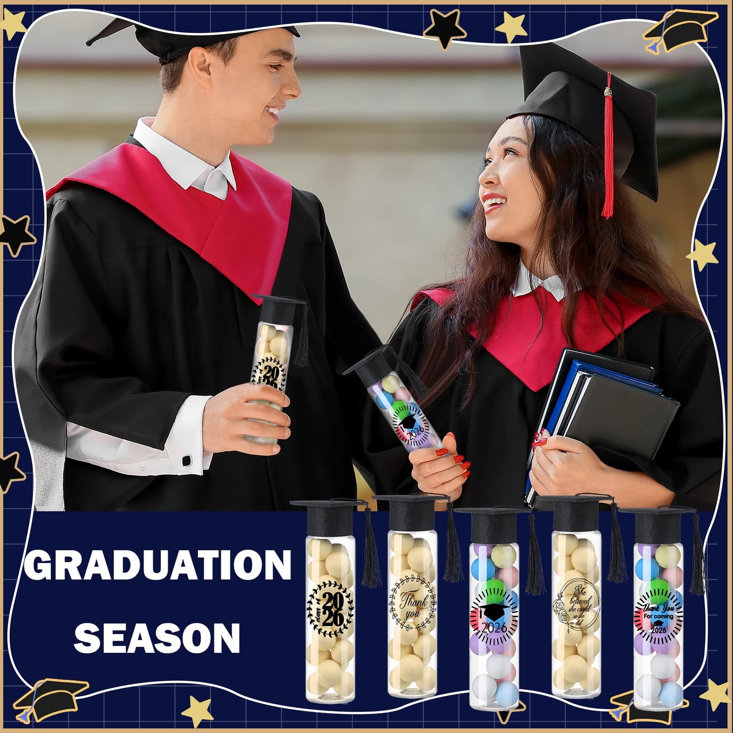 Teenyyou 50 Pcs Graduation Candy Tubes 2026 Graduation Party Favors Candy Boxes Plastic Grad Cap Jars Container with Tassels and Stickers for DIY Grad Table Party Favors (Black)