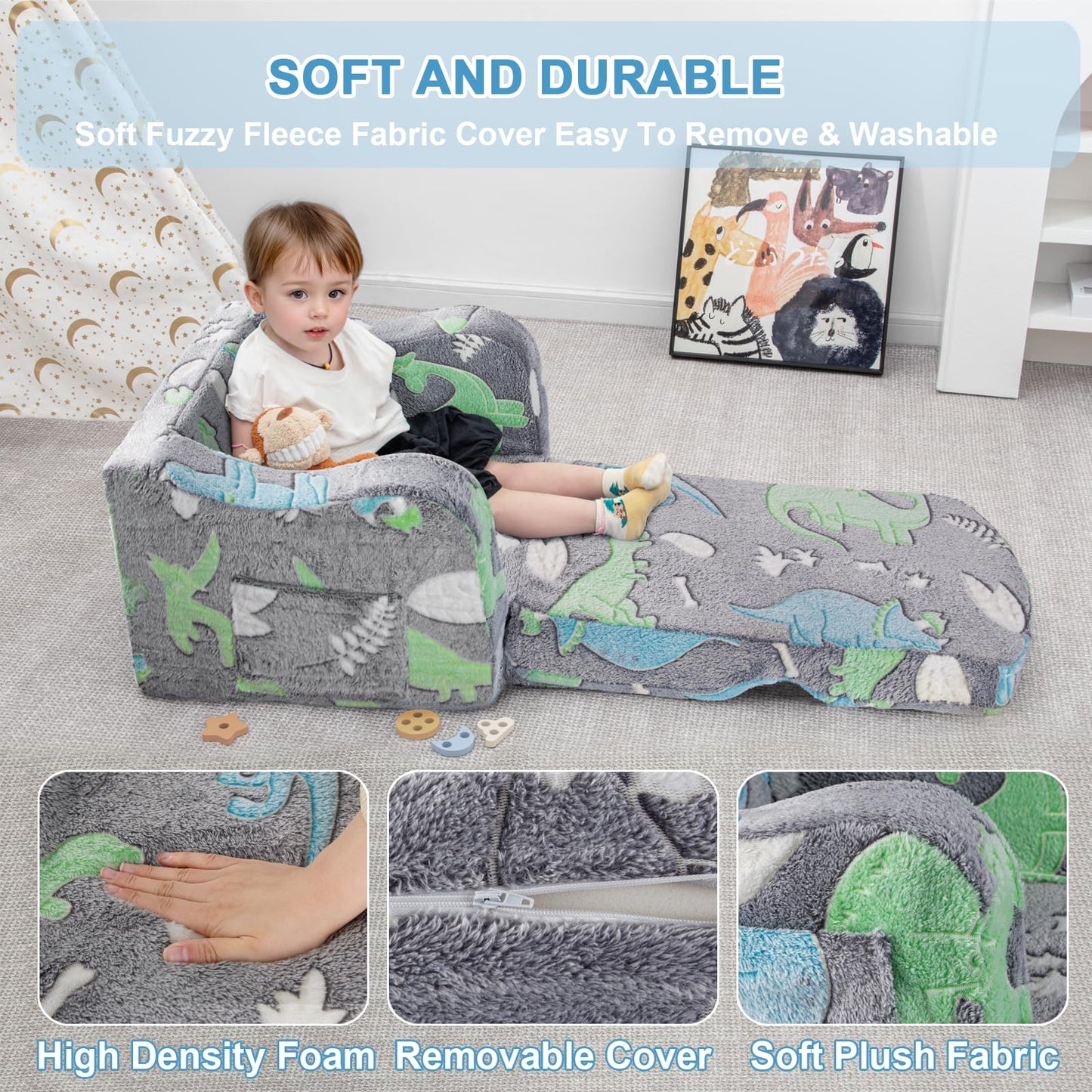 Airpanda Comfy Kids Chair and Couch with Blanket,2-in-1 Soft Fold Out Couch for Girls and Boys,Convertible Sofa Chair for Playroom,Gray Dinosaur