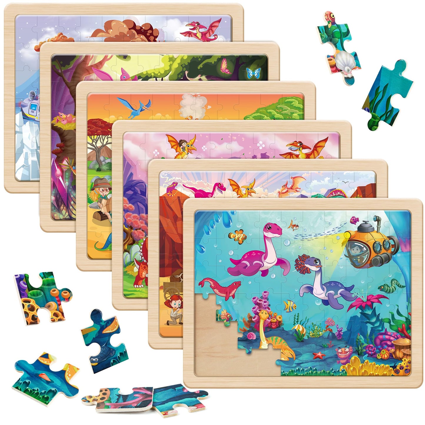 SYNARRY Wooden Dnosaurs Puzzles for Kids Ages 4-8, 6 Packs 60 PCs Jigsaw Puzzles for Kids 3-5, Kids Wood Puzzles Educational Toys Gifts Ages 3 4 5 6 7 8 Year Olds Boys Girls