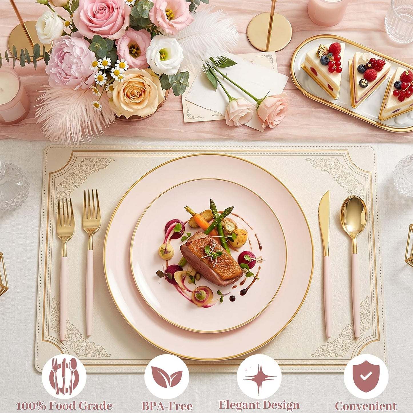 DaYammi 150Pcs Pink Plastic Plates with Gold Rim,Elegant Disposable Dinnerware with Gold Cutlery - 30 Dinner Plate,30 Dessert Plate,30 Knives,30 Forks,30 Spoons,Fancy Pink Plates for Party Wedding