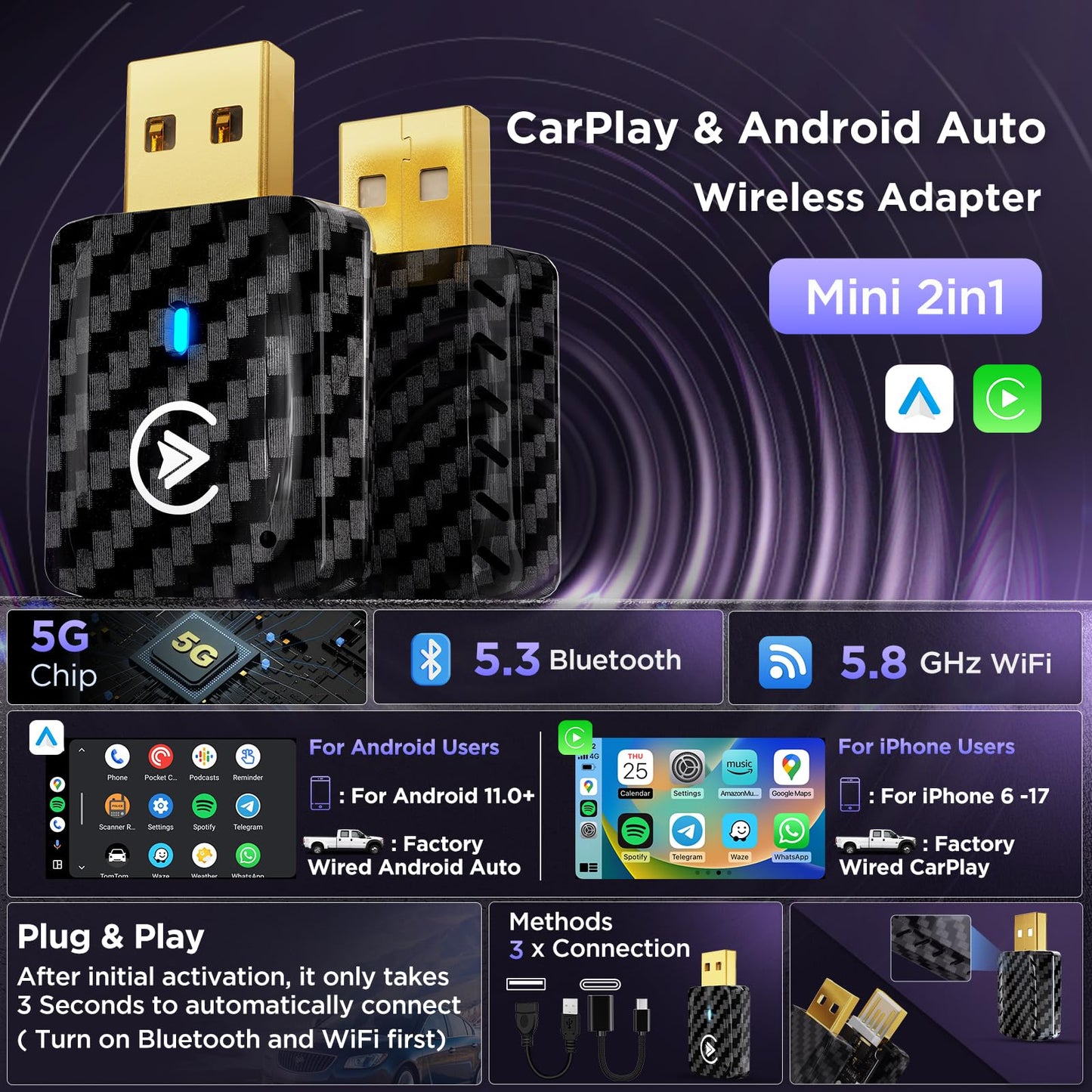 MSXTTLY 2in1 Carplay Wireless Adapter Android Auto Wireless Adapter, Mini USB Small Dongle Fast Auto Connect, Car Play Play Plug, for Apple iPhone iOS & Android 11+, OEM Wired Car Model 2017+, Black