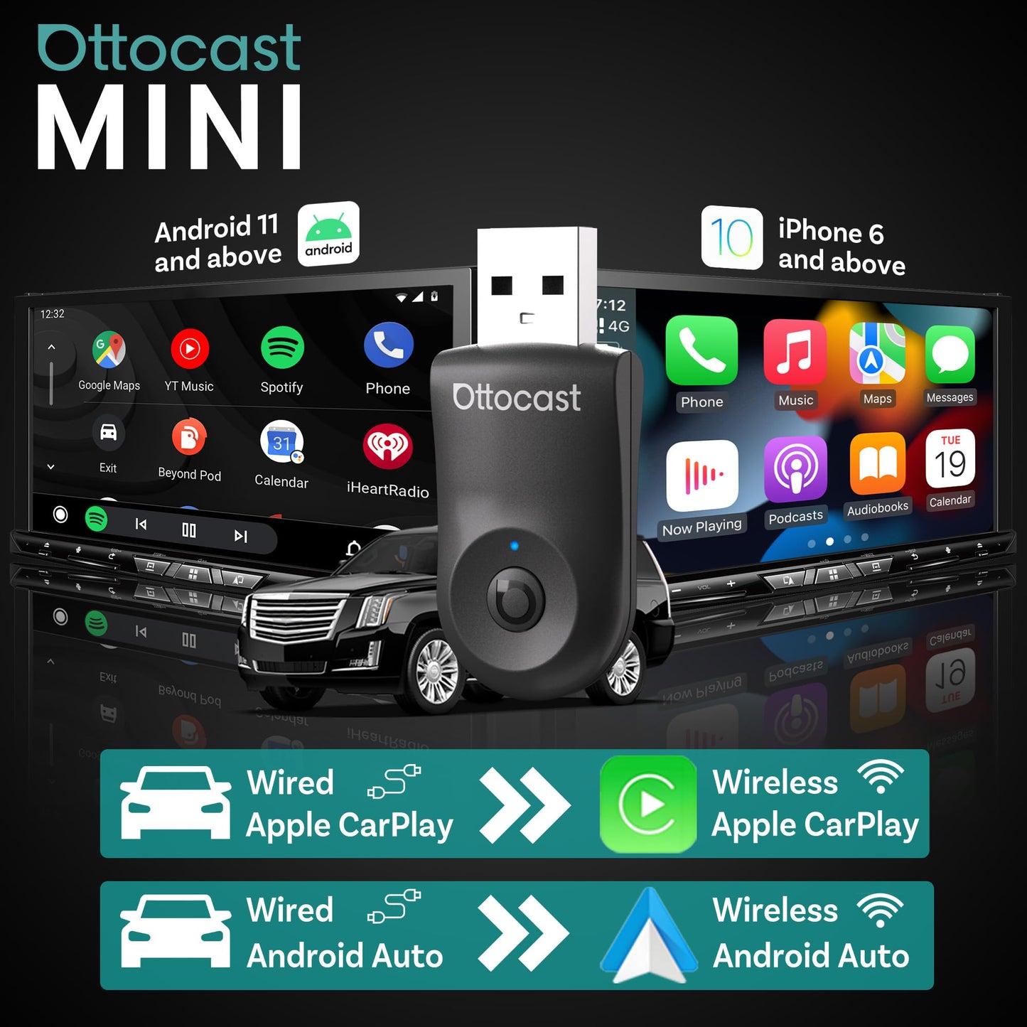 OTTOCAST Mini 2in1 Wireless Carplay Adapter for Apple iPhone with GPS Passthrough, Android Auto Car Adapter, Plug & Play, Convert Wired to Wireless Car Play Dongle to USB& USB-C, No Delay