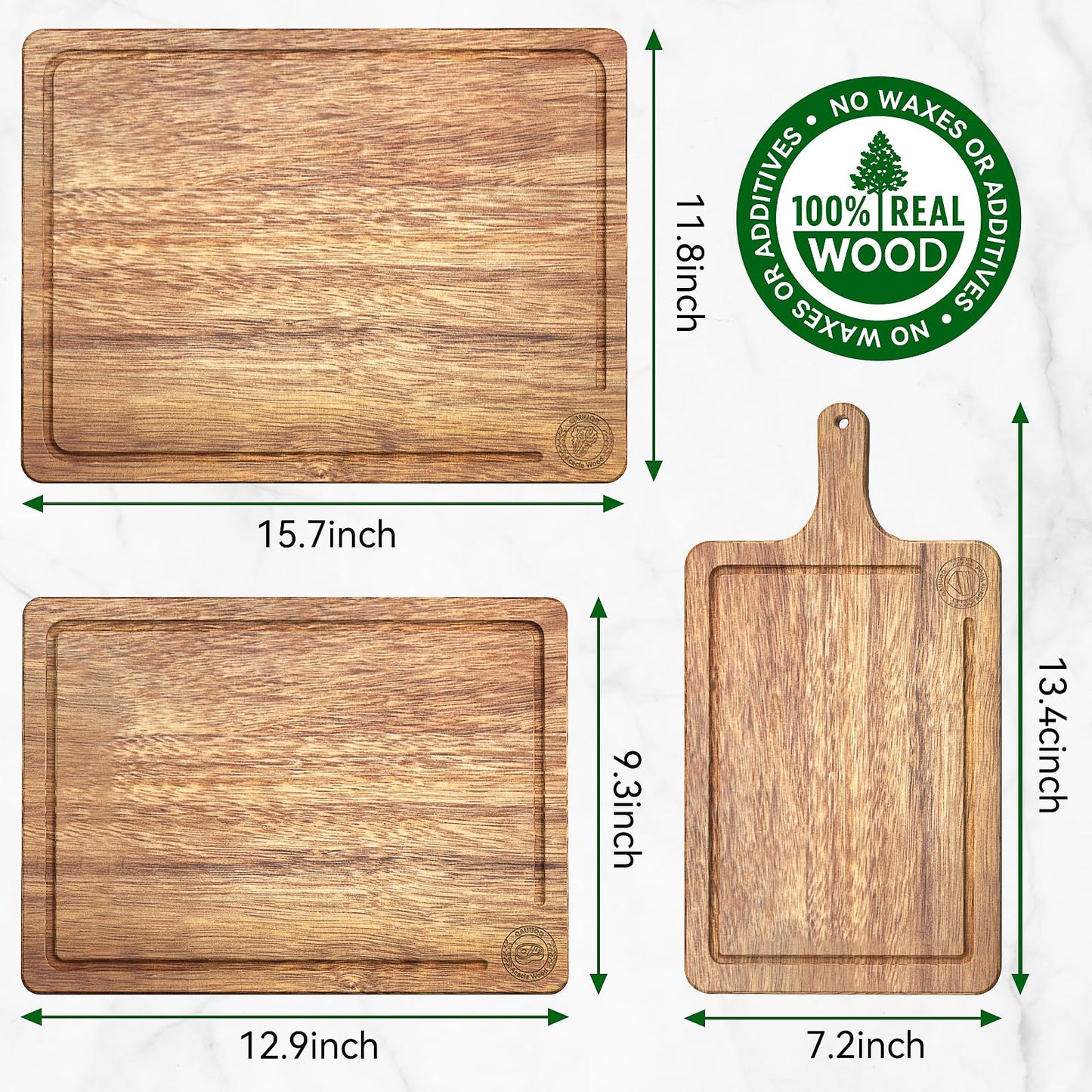 Acacia Wood Cutting Board Set of 3 – Non-Toxic & Pre-Oiled Cutting Boards for Kitchen, Chopping Boards with Holder, Juice Groove, Reversible Serving Board, Labeled Icons for Meat Cheese Vegetables