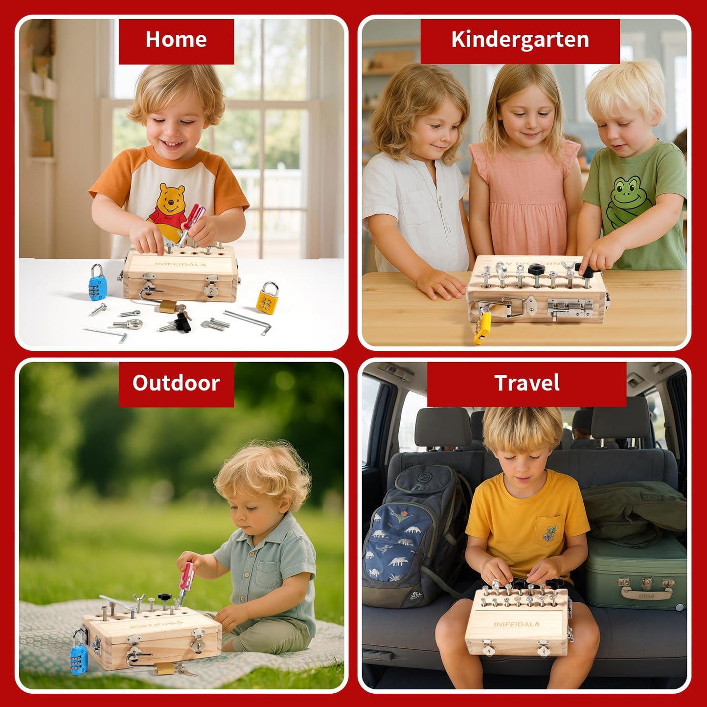 INIFEIDALA Montessori Busy Board Toddler Toys for Ages 3+ - Wooden Sensory Latches Board with Lock & Key & Kid Tool Screwdriver Set, Preschool Educational Toy - Fine Motor Skills - STEM Learning Toys