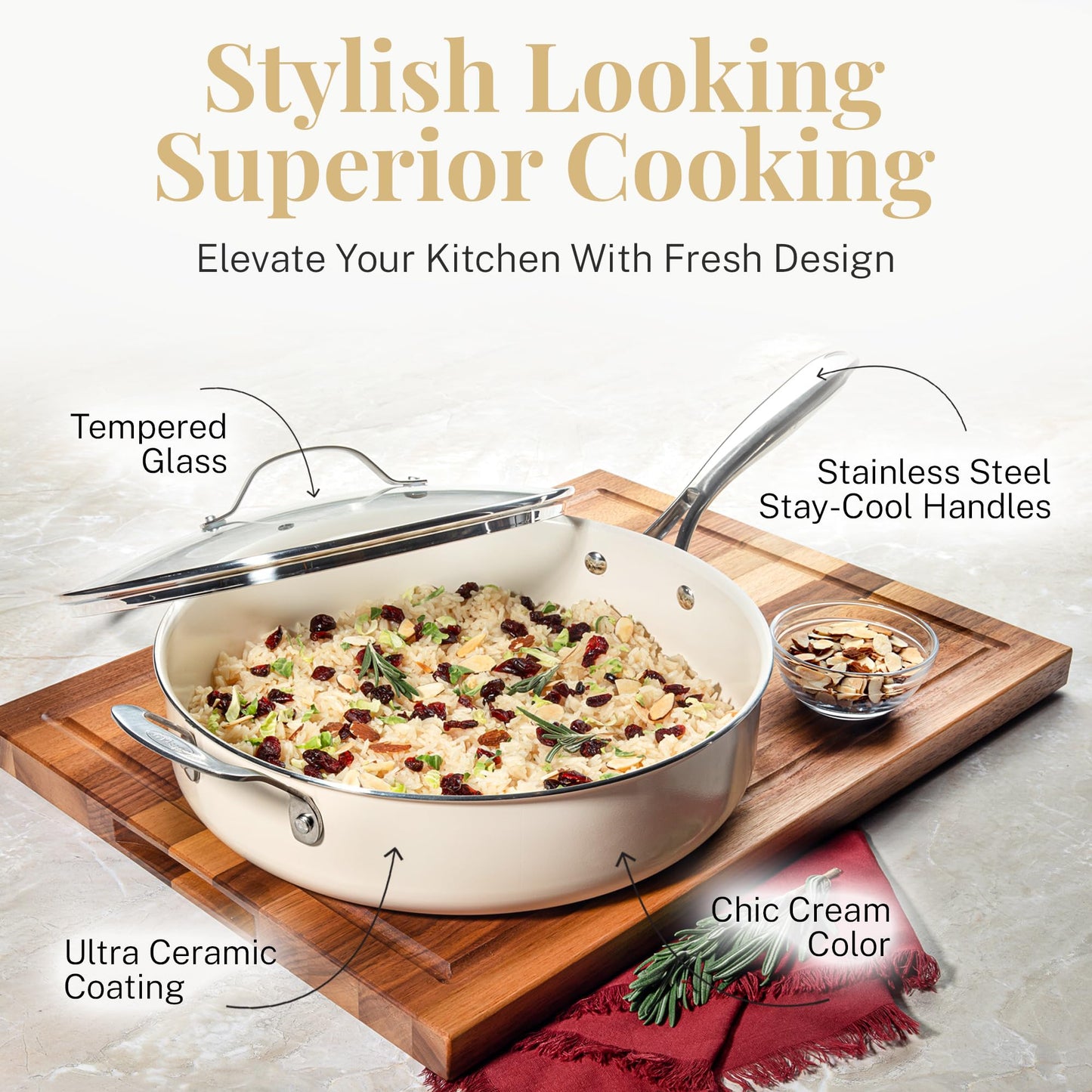 GOTHAM STEEL 5.5 Qt Saute Pan with Lid - Nonstick Deep Frying Pan, 100% PFOA Free Ceramic, Dishwasher Safe, Cream White