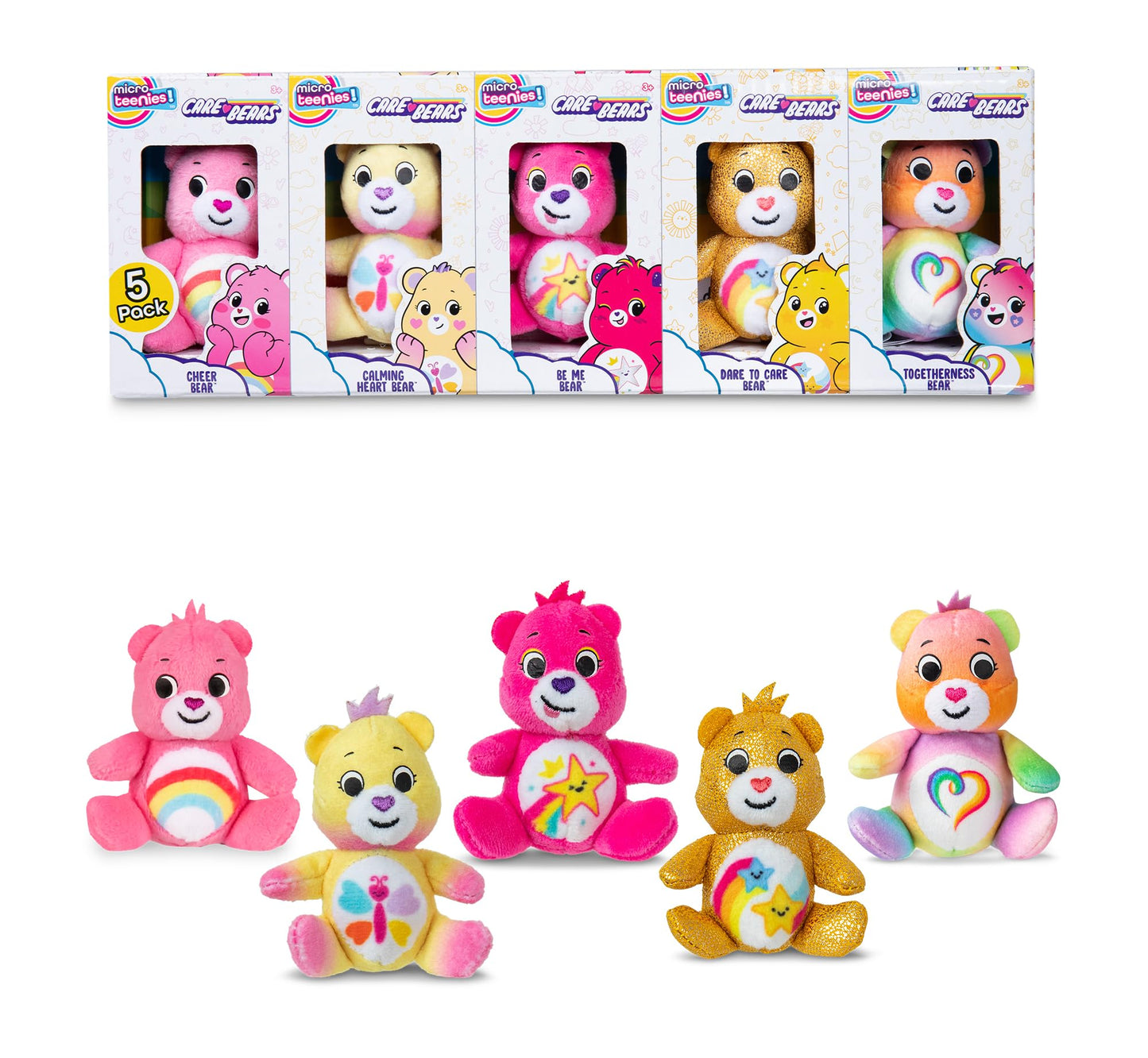 Micro Teenies - Care Bears 3" Micro Plush 5-Pack Treasure Box - Cheer, Calming Heart, Gold Dare to Care, Togetherness and Be Me