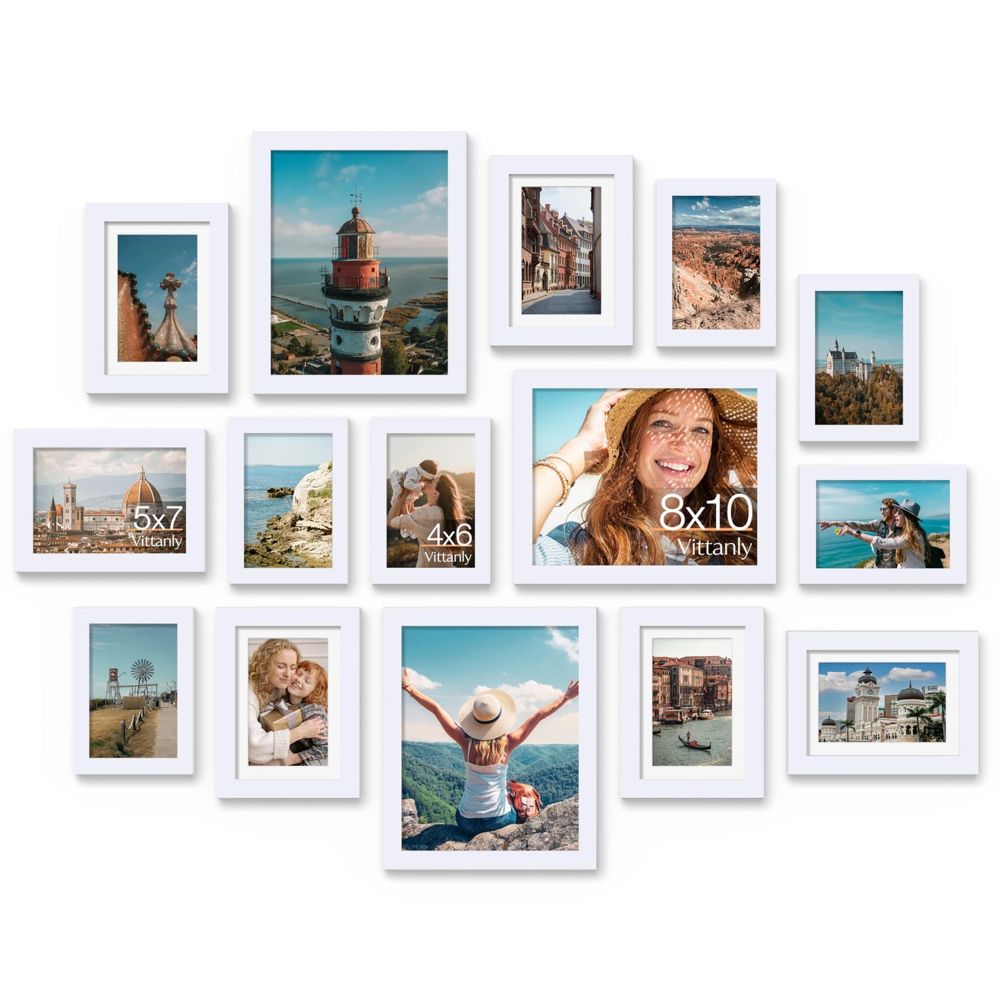 Vittanly 15 Pack Picture Frames Collage Wall Decor for Mounting or Tabletop Display, Gallery Frame Set for Family, Multi Sizes Including 3pcs 8x10, 6pcs 5x7, 6pcs 4x6, White