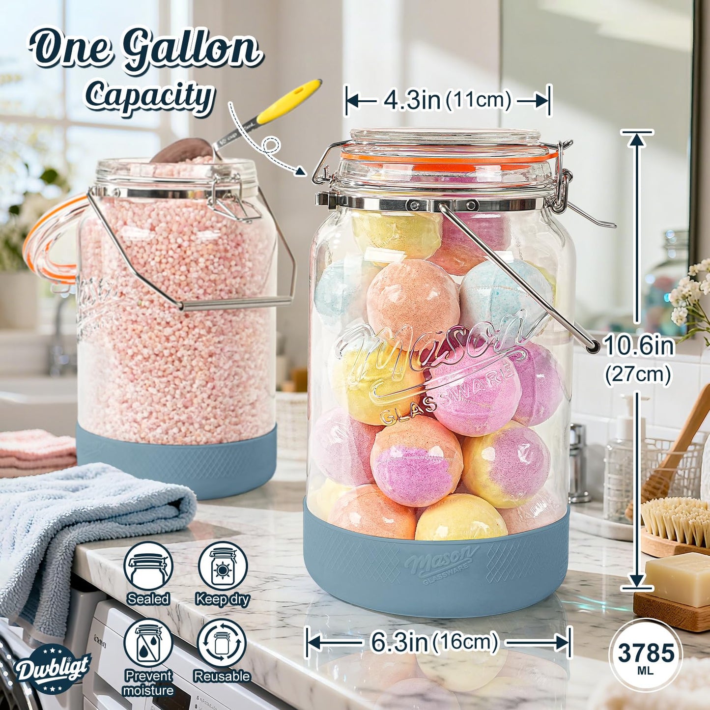 Dwbligt 2 Packs 1 Gallon Glass Jars with Airtight Lids, Wide Mouth Mason Jars with Clip Top & Stainless Steel Handle & Silicone Base, Glass Storage Containers for Kitchen Storage, Pickling-Dual Scale