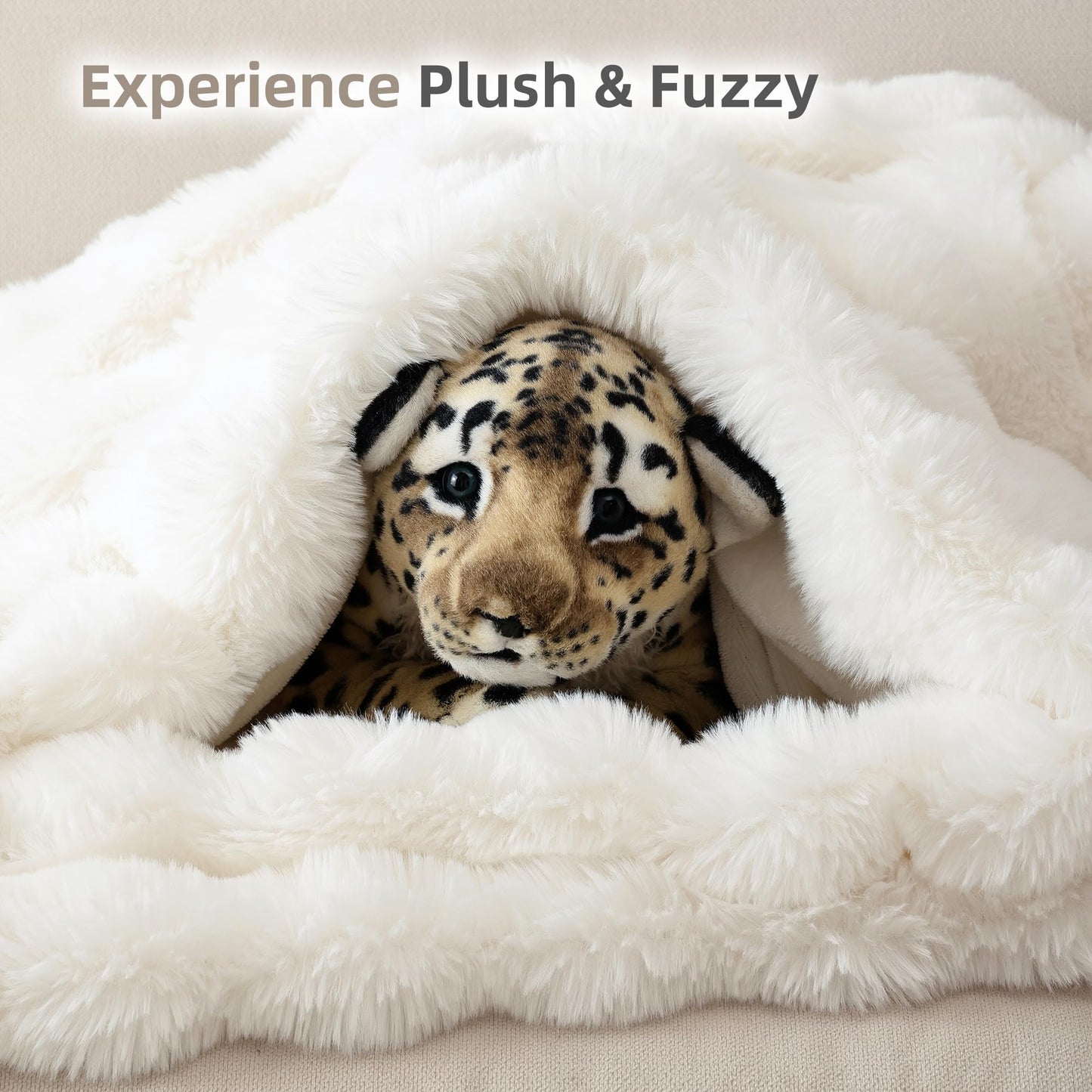Smoofy Faux Fur Throw Blanket for Couch – Cream White Fluffy Cozy Rabbit Fleece, Plush Soft Bubble Blanket for Sofa & Bed, for Mom, Warm Fuzzy Home Room Decor Throw 60" x 80"