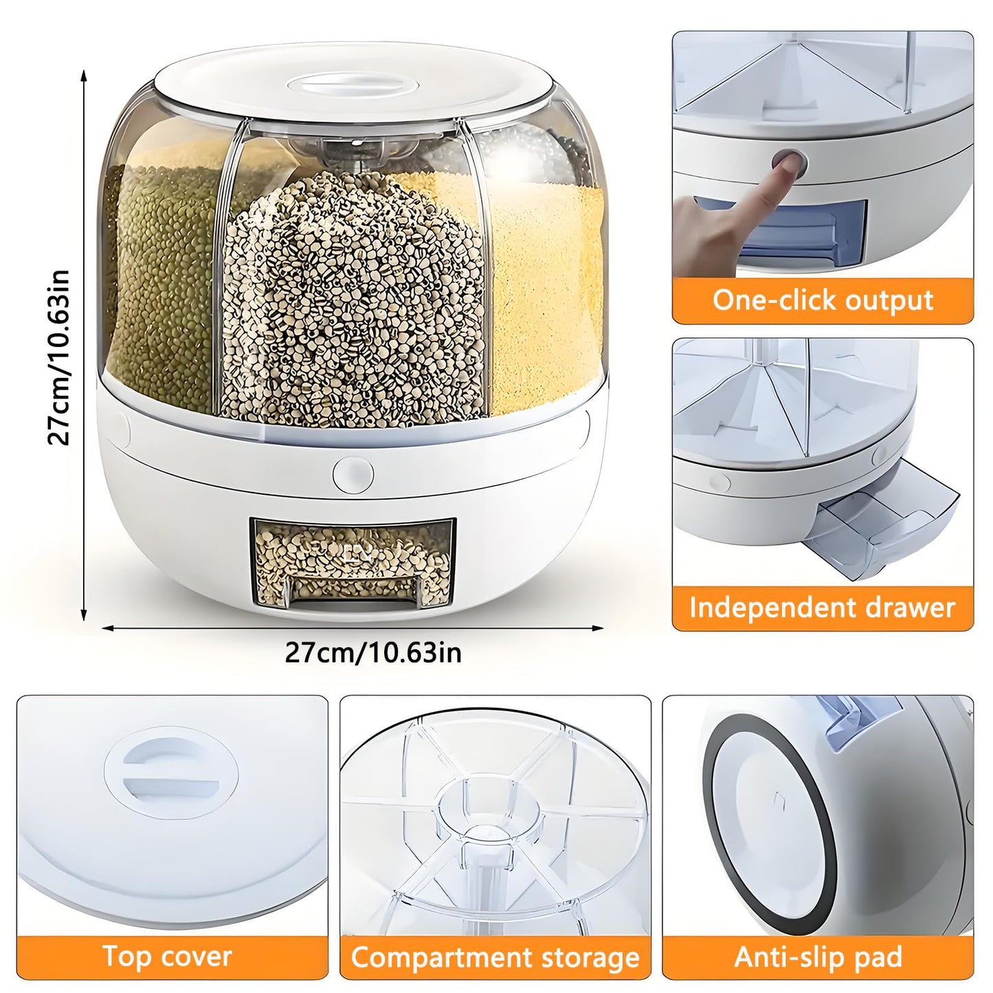Wnnideo Rotating Grain Storage Bin 6 Grids Rice Container One-Click Output Large Capacity Food Dispenser For Rice Grains Sealed Moisture Proof Organizer (Large) (Grey, Large)