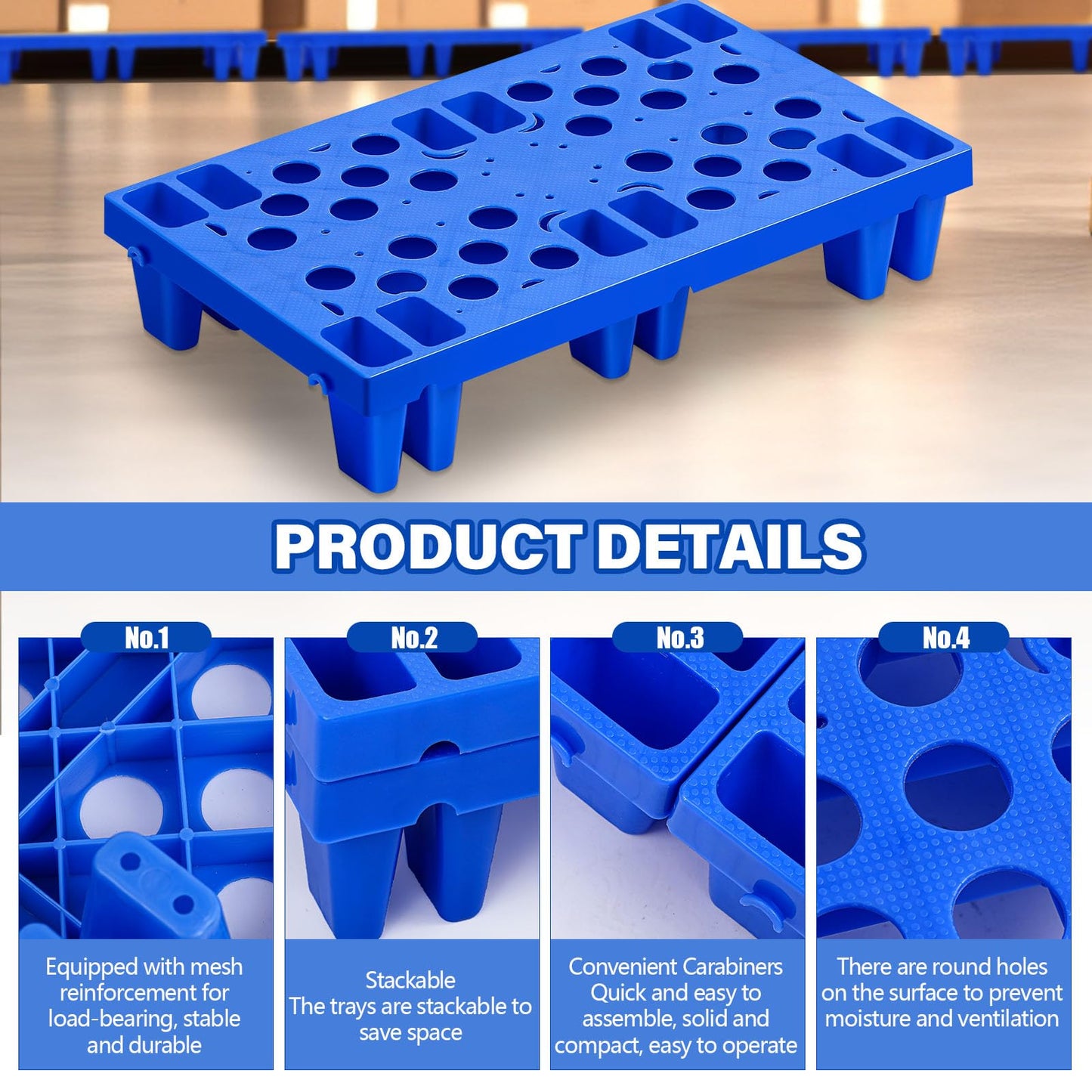 Singhoow 8 Pcs Plastic Pallets for Basement Storage Nestable Moisture Waterproof Lightweight Floor Pallets with Breathable Grid for Indoor Outdoor Supermarket Warehouse (19.6 x 11.8 x 3.9 Inch,Blue)