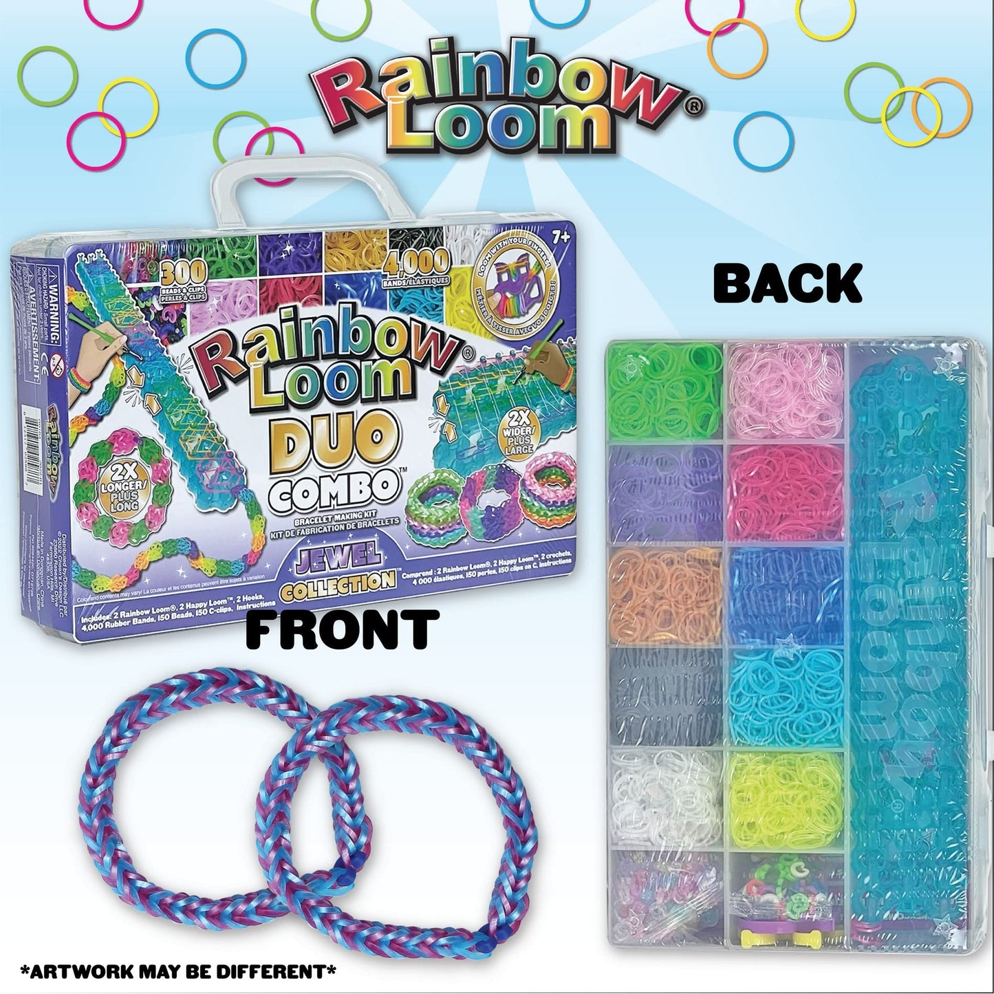 Rainbow Loom Duo Combo with Jewel Rubber Bands Collection, Features 2 connectable Rainbow Looms to Make Longer and Wider Creations, an Organizer Case, Great Activity up to 4 People 7+, Multicolor