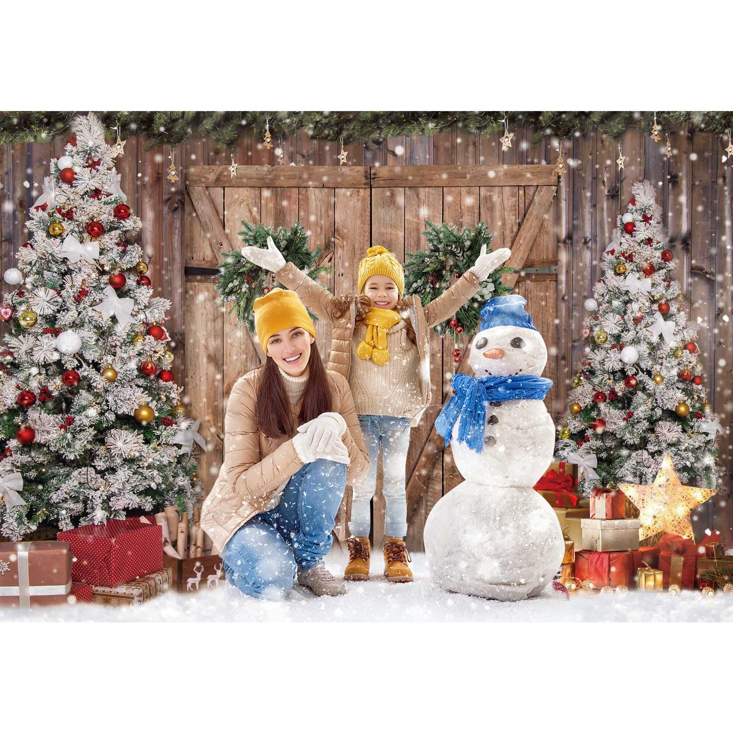 Felortte 10x8FT Polyester Fabric Winter Christmas Rustic Barn Wood Door Photography Backdrop Xmas Tree Snow Background Banner for Family Holiday Party Decoration Supplies Photo Studio Props Pictures
