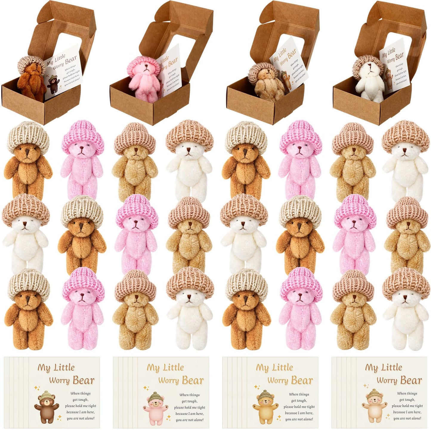 24 Sets Mini Worry Bear Plush in Box Little Worry Bears Bulk with a Hat Handmade Soft Pocket Teddy Bears with Encouragement Card Stress Relief Toys Party Gift for Backpack, Friend, Coworkers
