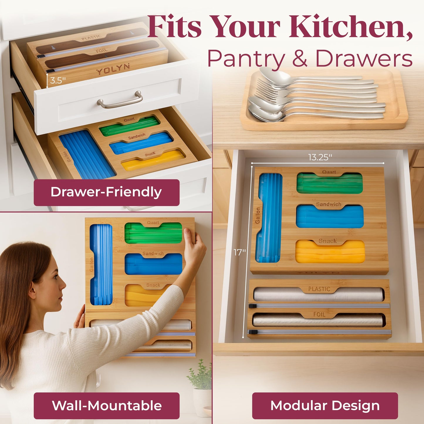 YOLYN Bamboo Food Storage Bag Organizer for Drawer with Foil & Plastic Wrap Dispenser – 4 in 1 Premium Kitchen Drawer Organizer for Gallon, Quart & Sandwich Bags