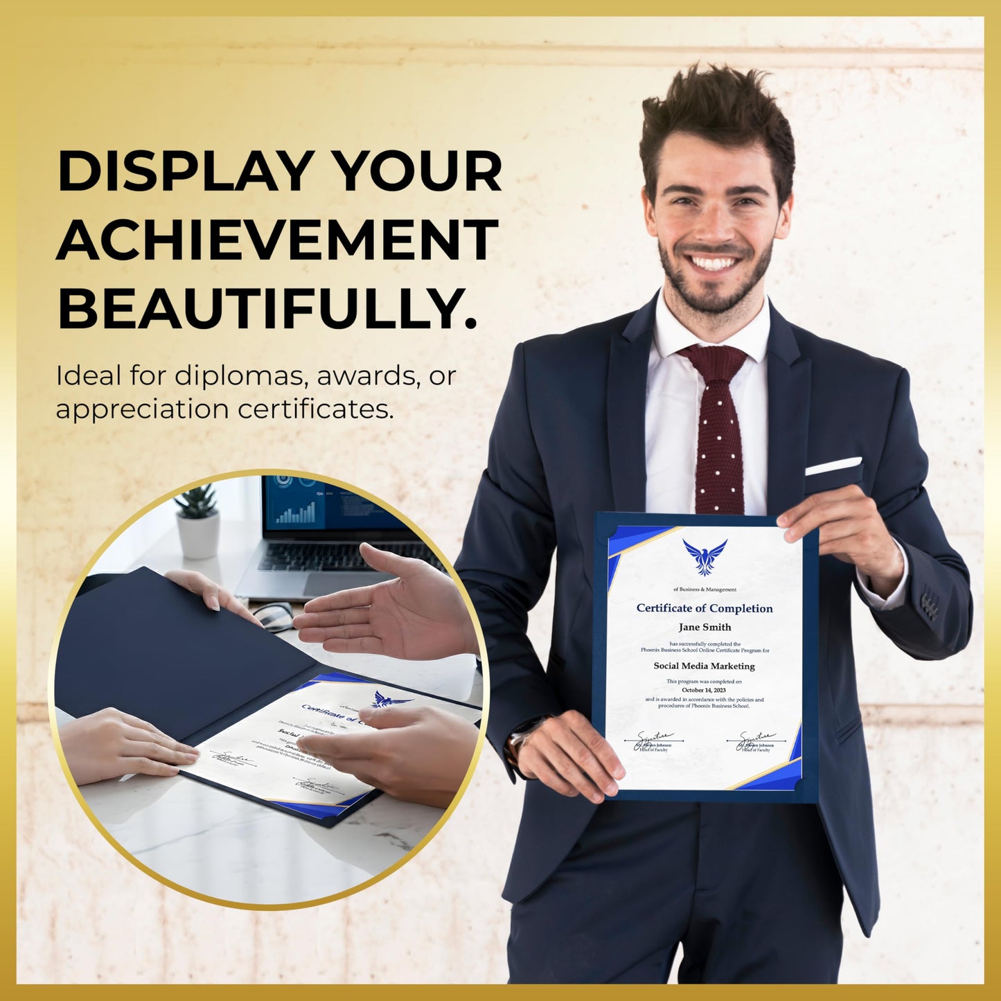 160 Pcs Certificate Holders Bulk, Navy Blue Diploma Covers Gold Foil Border, Document Covers for Letter Size 8.5x11 Award Certificates, Cardstock, Document Papers, Graduation