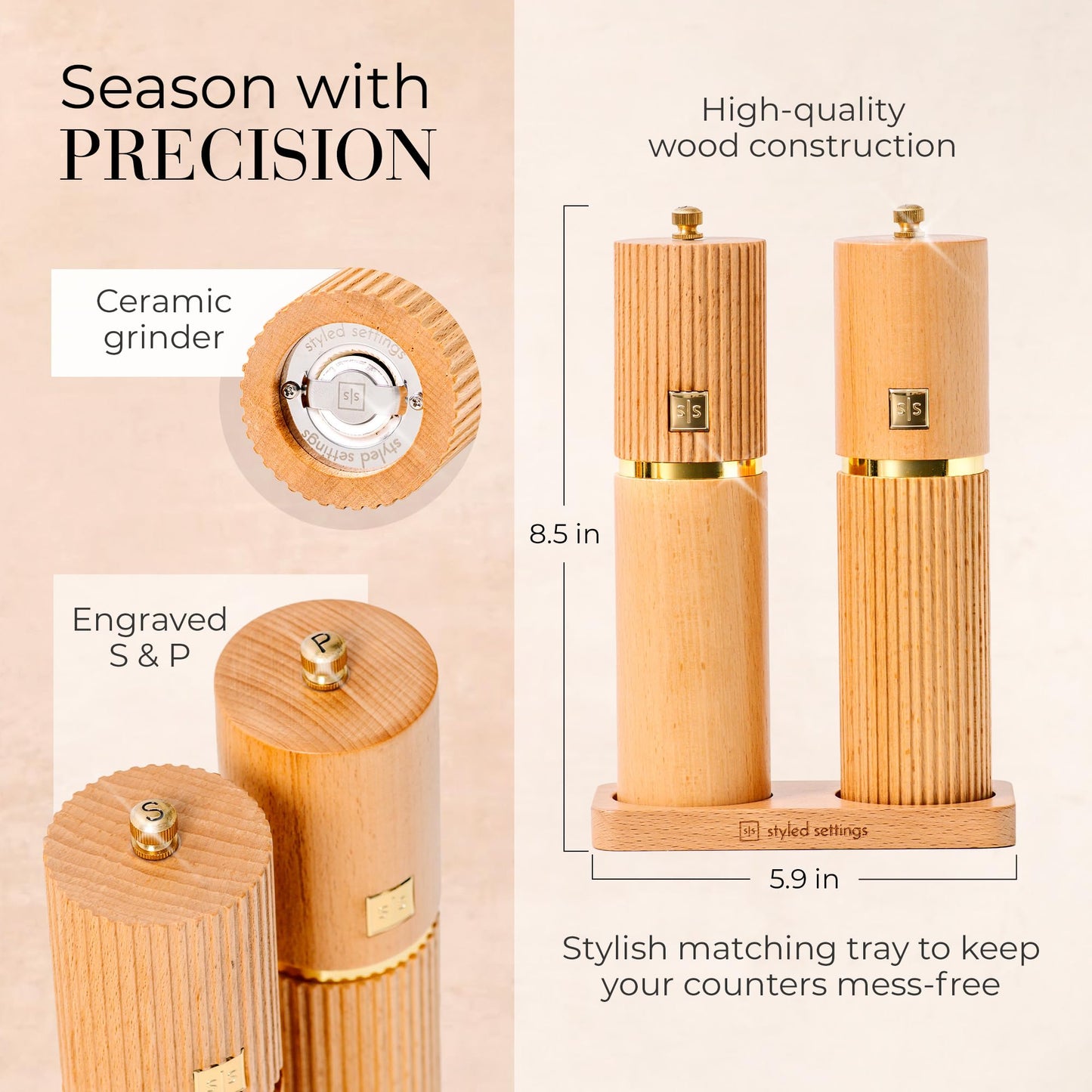 Styled Settings Wooden Salt and Pepper Grinder Set with Gold Accents – Refillable Wooden Manual Salt and Pepper Mill Set with Adjustable Ceramic Mills & Matching Wood Stand - Ideal for Gifting
