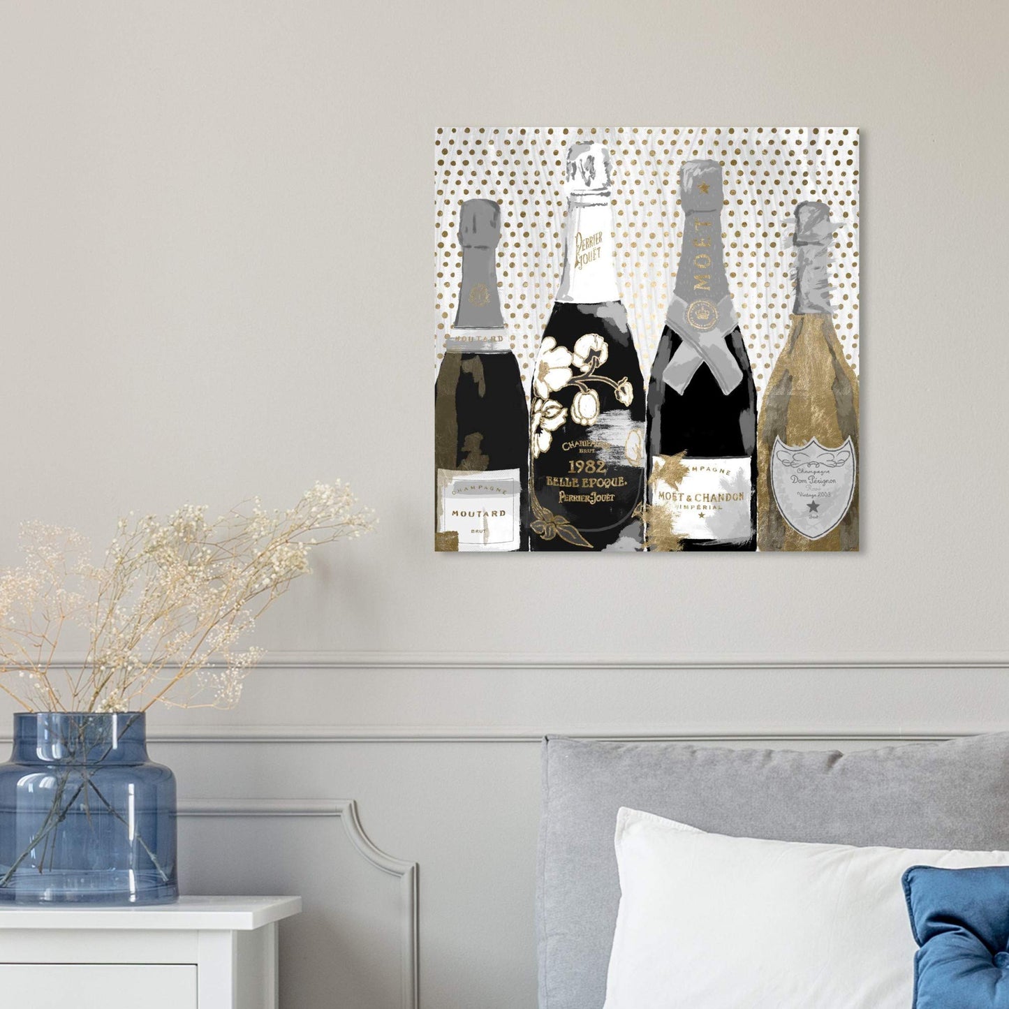 The Oliver Gal Artist Co. Drinks and Spirits Wall Art Canvas Prints 'Pass The Bottle Night' Champagne Home Décor, 16 in x 16 in, Black, Gold