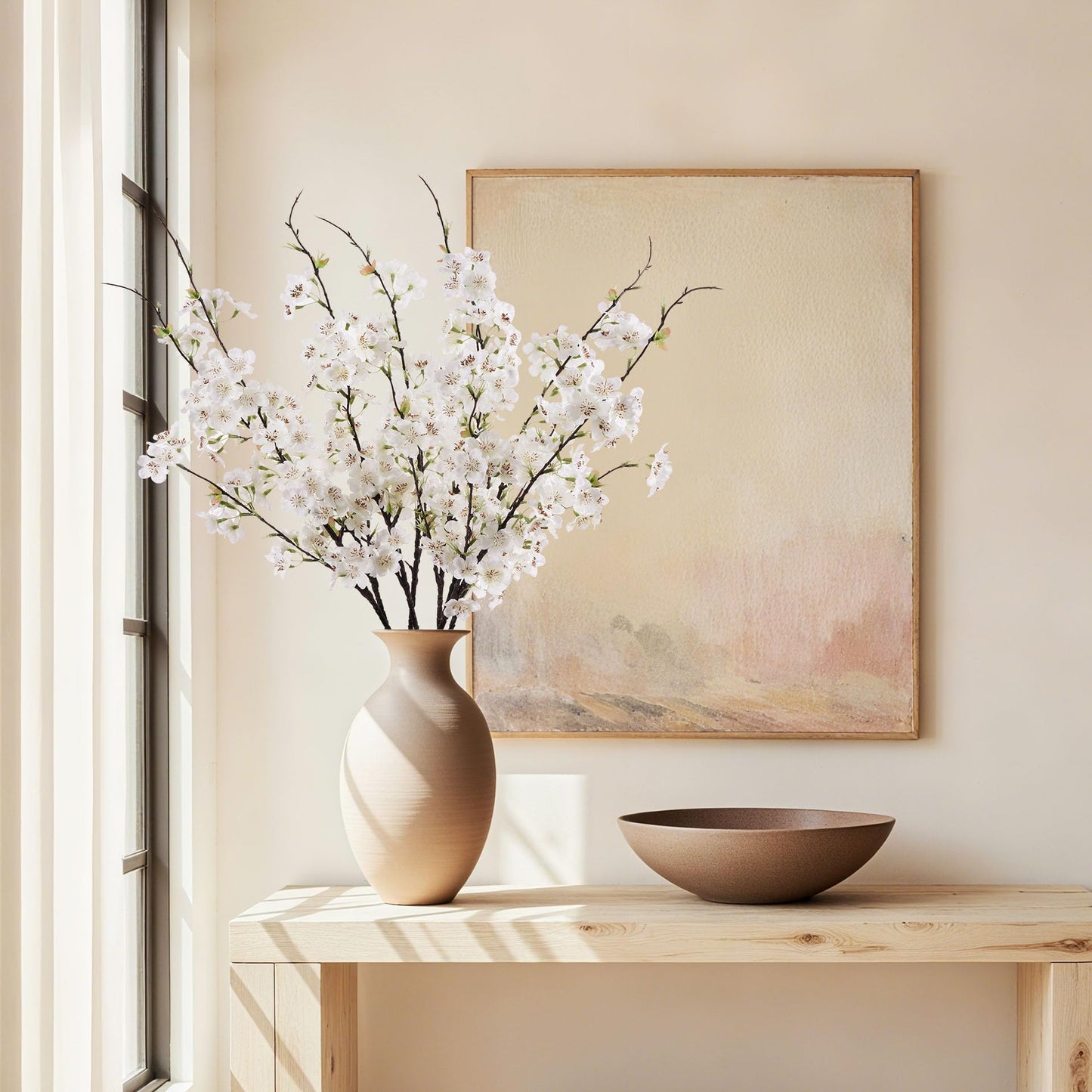 ENALGRE Artificial Cherry Blossom Branches 27.6In Silk Cherry Blossom Branches 8PCS Long Stem Artificial Flowers for Tall Vase, for Home Decorate, Weddings Decorate, Parties & Festival Gifts (White)
