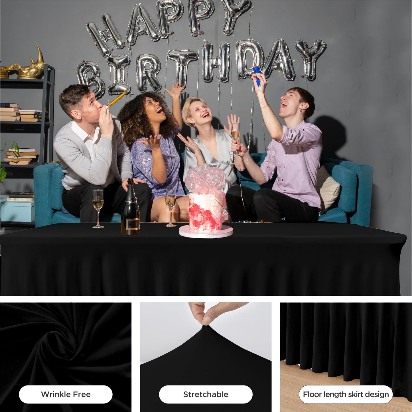 HolidayIdeas Black 8ft Rectangle Spandex Tablecloth 2 Pack Fitted Stretch Table Skirts 30x96 Inch, Ruffle Design Wrinkle-Free Polyester Table Cover for Banquets,Trade Shows, Parties, Events