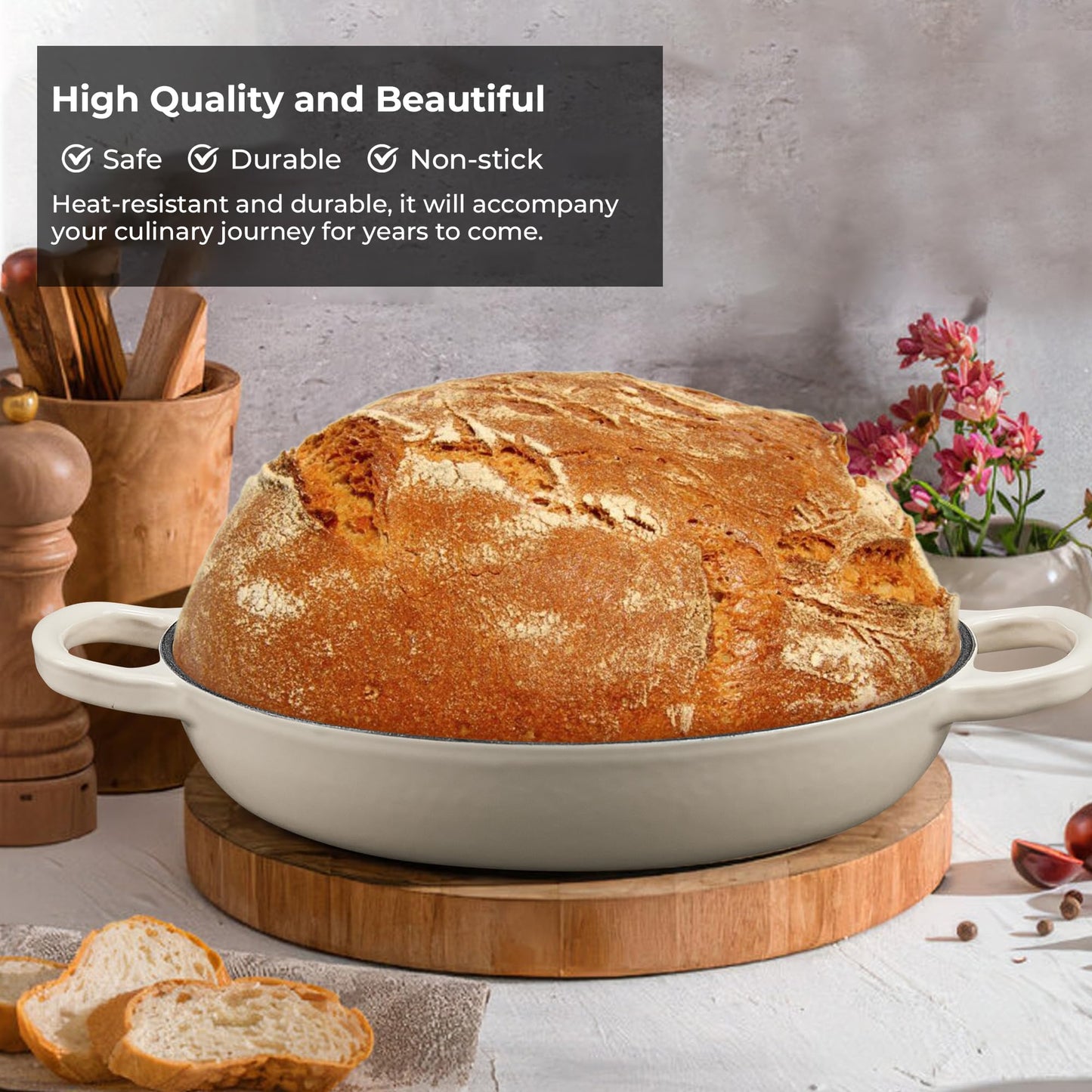 Cast Iron Bread Oven for Sourdough, 6Qt Bread Baking Pan with Lid, Enameled Sourdough Dutch Oven for Bread Baking, Oven Safe up to 482℉, White
