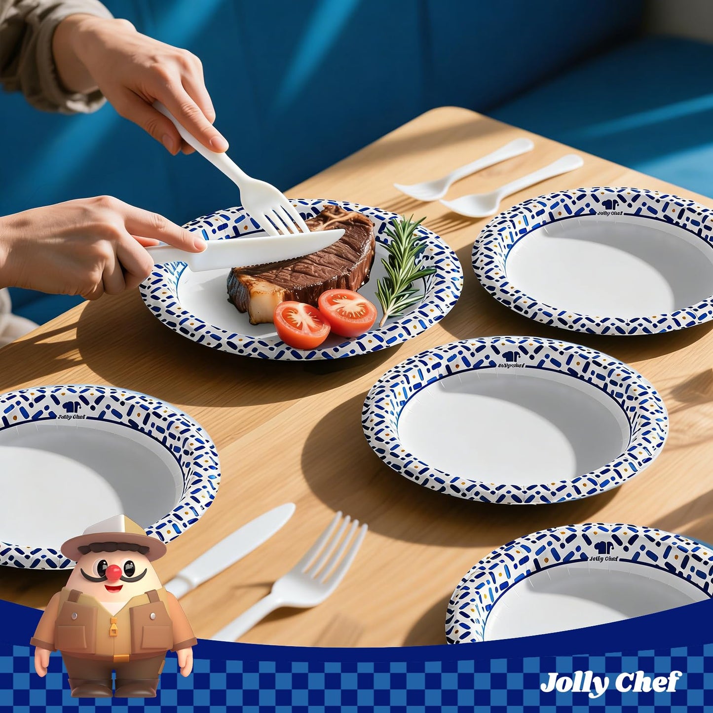 JOLLY CHEF 300 Count 8.5 Inch Paper Plates, Soak-Proof, Cut Proof, Disposable Heavy Duty Plates for Everyday Use, Picnic, Family Gatherings, Parties