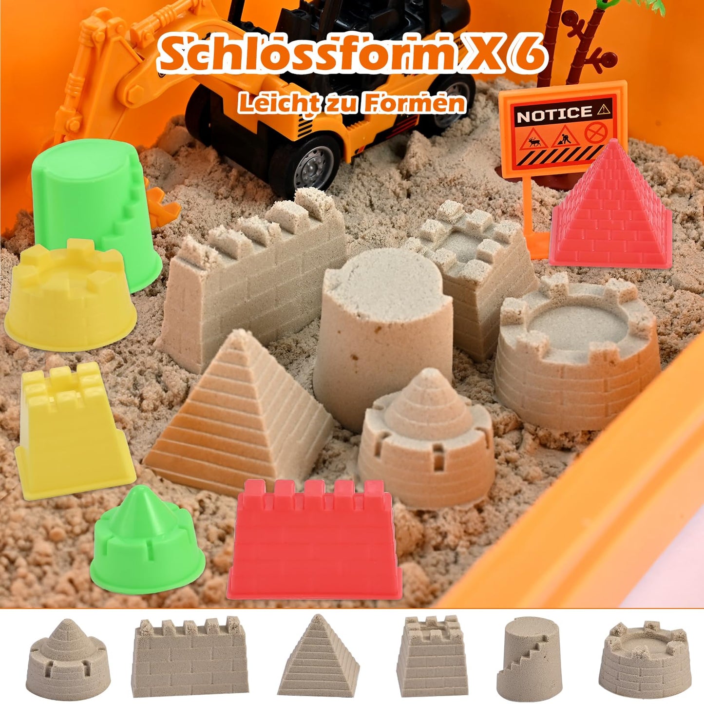 34 Pieces Sand Building Sites Sensory Toy Set for Toddlers with 8 Vehicles, 6 Castle Molds, 5 Road Signs, 4 Worker Figures, 2.2 Sand