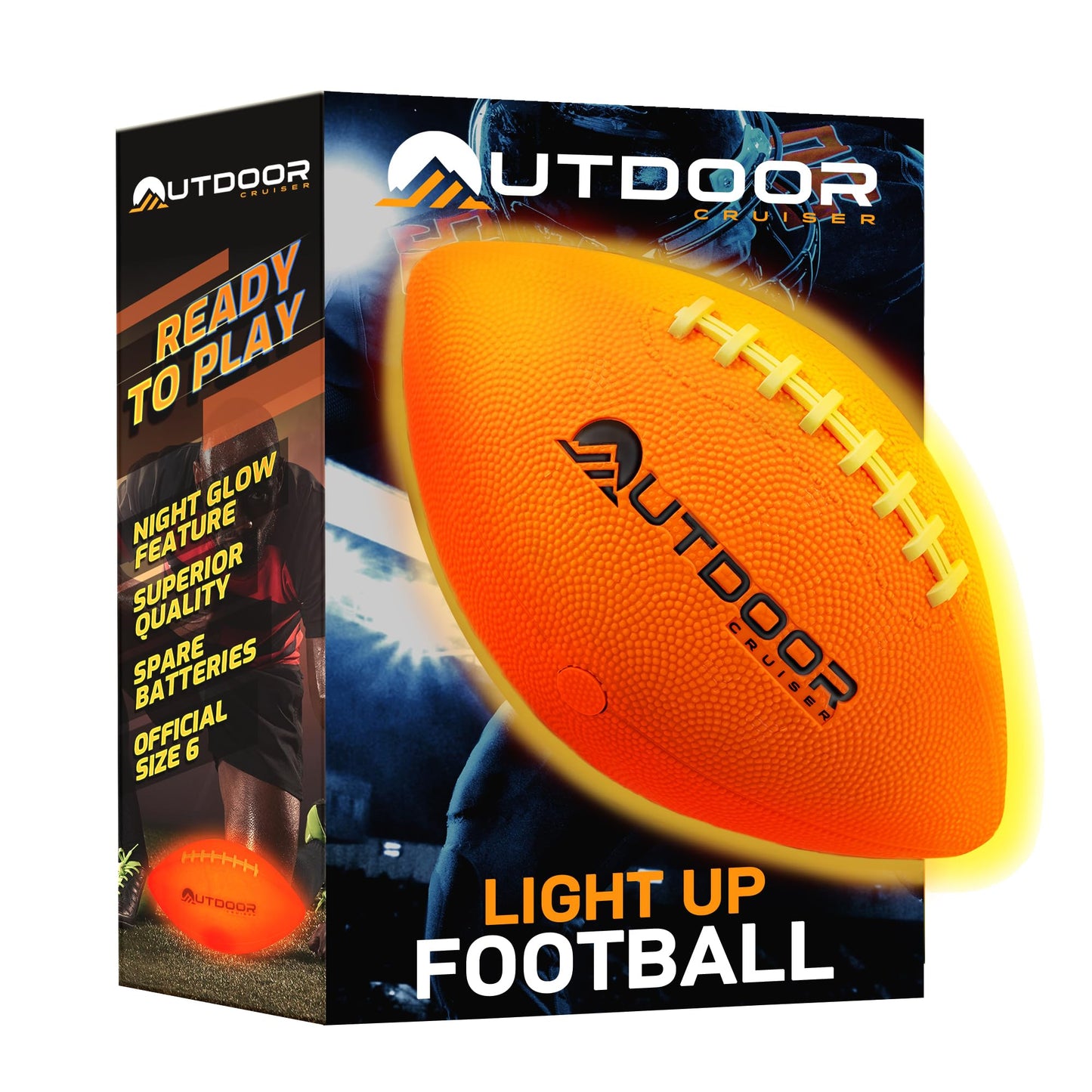 OutdoorCruiser Light Up Rugby Ball - Waterproof Rubber Construction, Glow in The Dark, Glows Up to 30 Hrs with Tap Activation, Complete Set with Pump & Spare Batteries, Official Size 6, for Ages 8-15