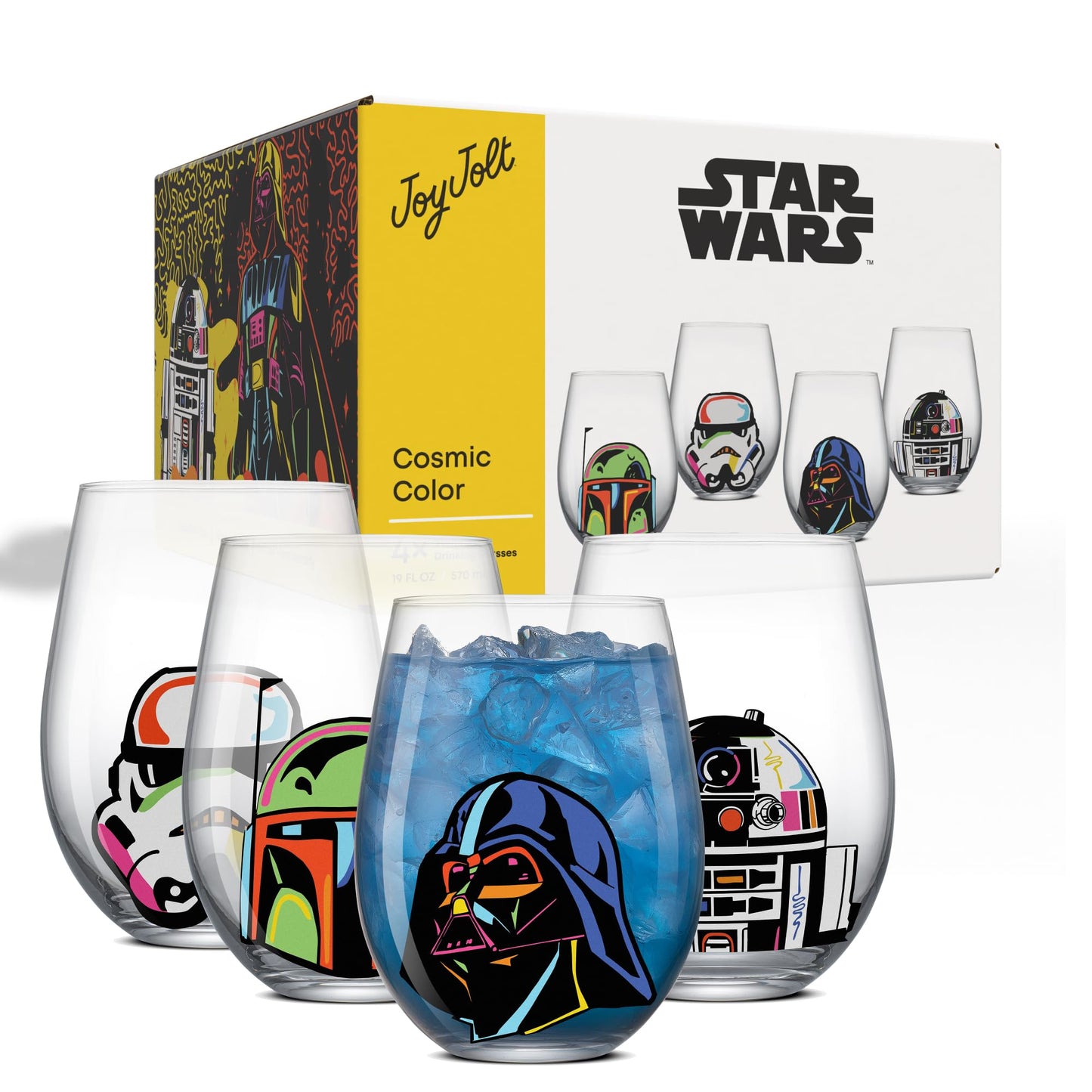 JoyJolt Star Wars Cosmic Color Stemless Drinking Glasses, 19oz Glass Cups ft Darth Vader, Stormtrooper, Boba Fett, R2-D2 - Star Wars Kitchen Glasses Set of 4, Gifts for Men, Women & Adults